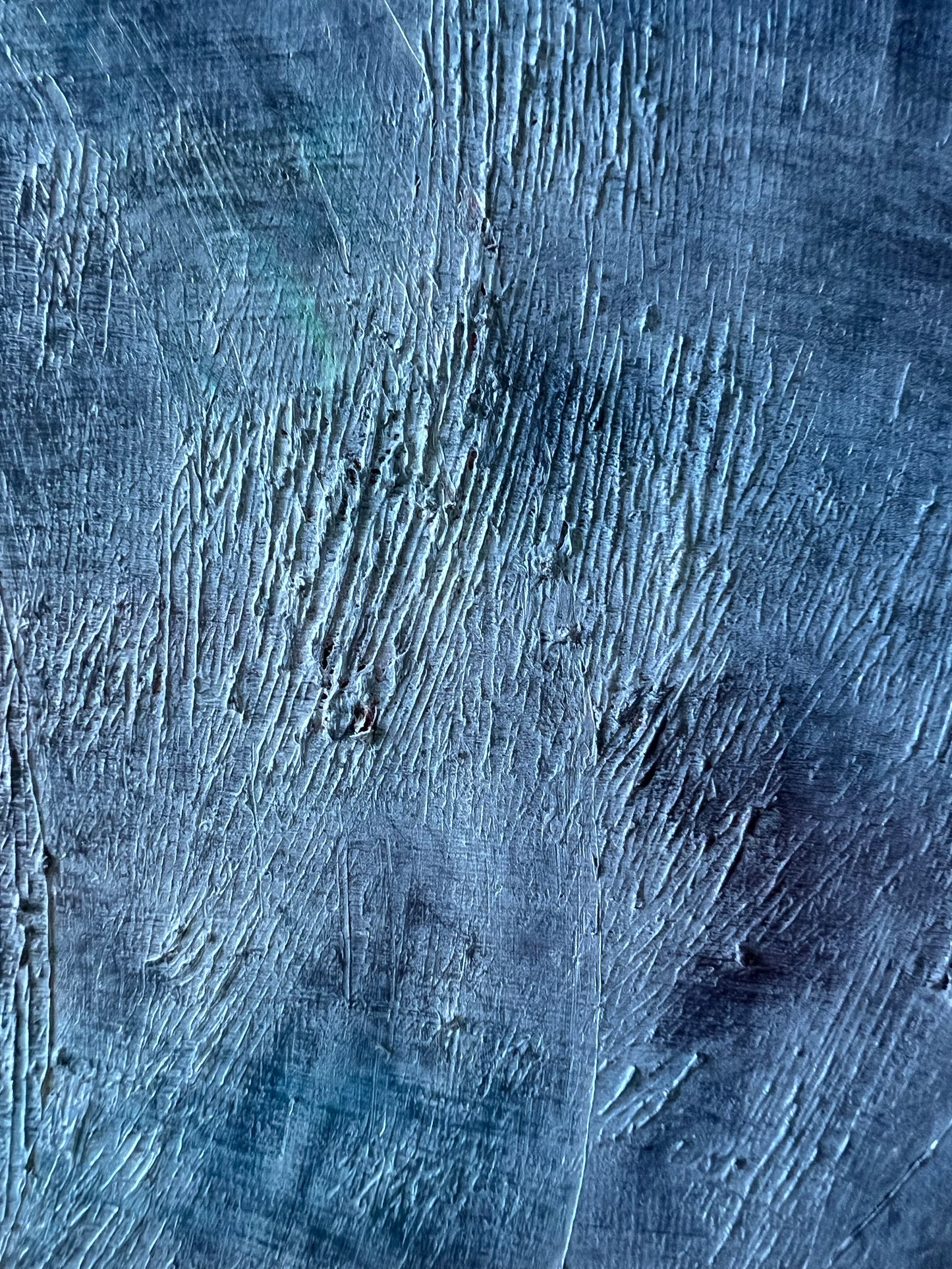 A close up of Enigma, an oil based abstract painting by Beatrice Morel, featuring blue-gray and light blues.