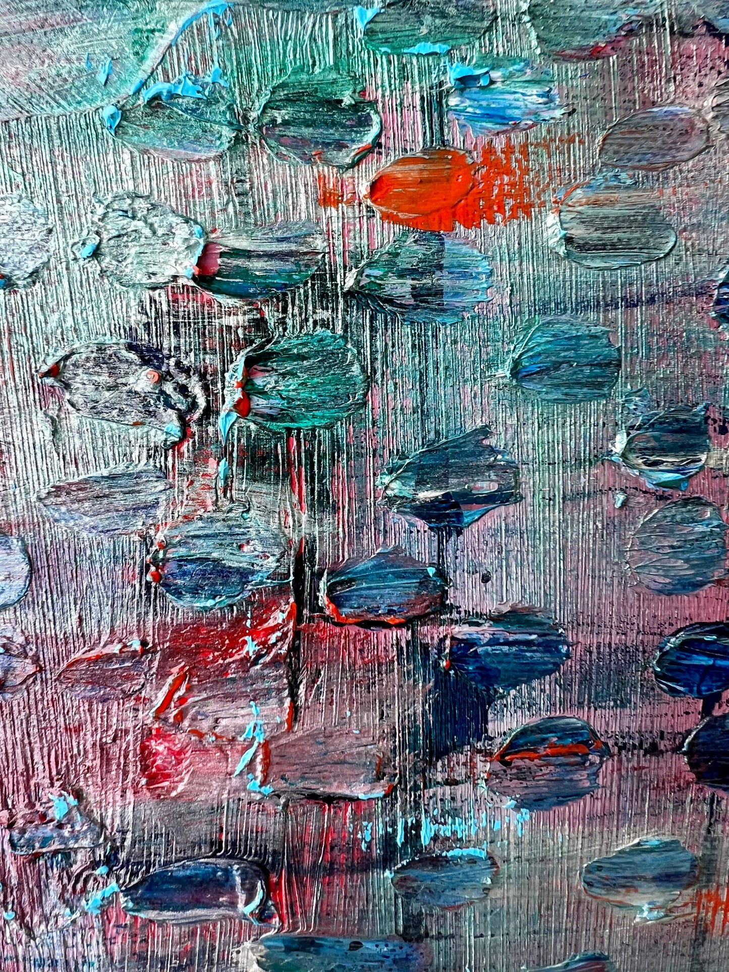 A close up of Fading Memories, an oil and ink based abstract painting by Beatrice Morel, featuring light blues and hints of pink and red