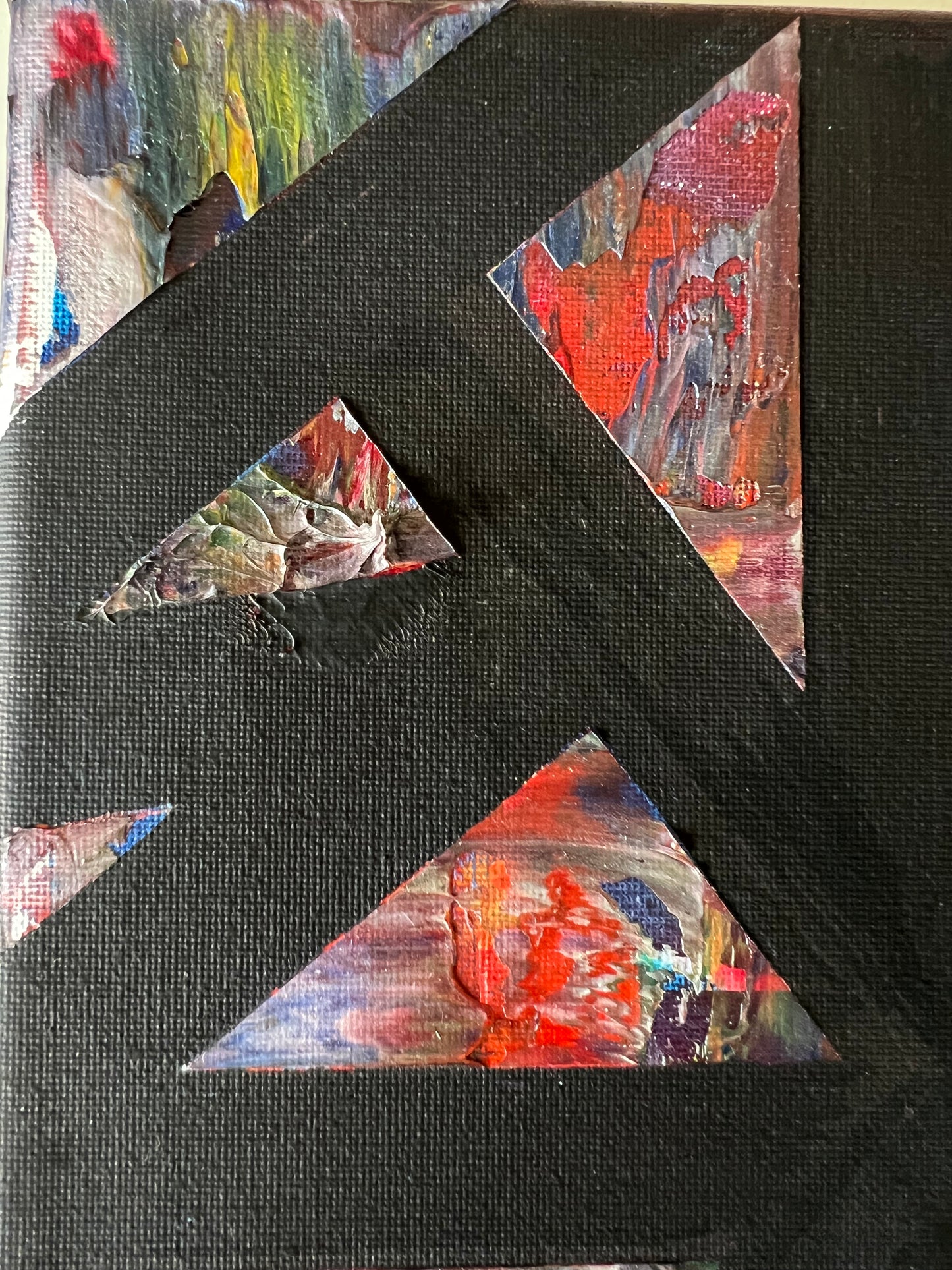 Gentle Soul, a close up of the sharp triangles in the oil and posca pen based abstract painting by Beatrice Morel, featuring rich reds, calming blues, sunny yellows and soft pinks.