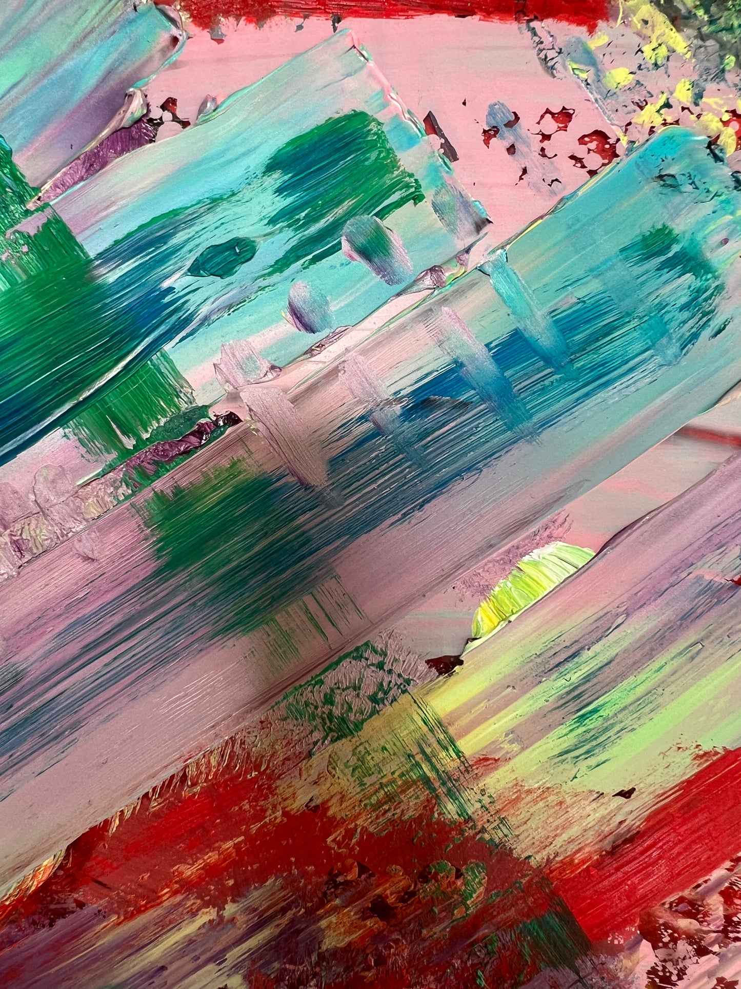 Inside The Wave, Mixed Media on plexiglass by Beatrice Morel, close up featuring calming blues, infusion of.
greens in the corners and red.