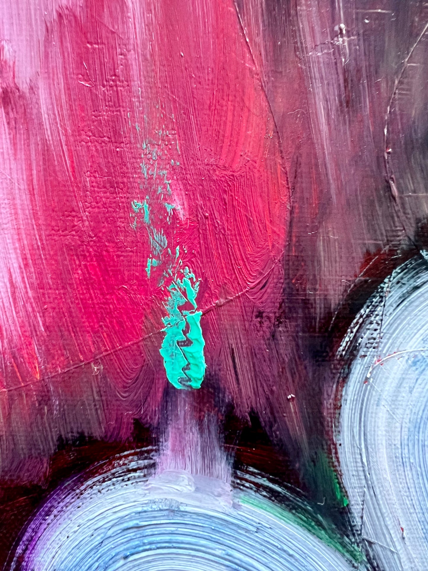 Jouer Avec Le Feu, close up of an oil based painting by Beatrice Morel, featuring blues and reds with hints of pink and green