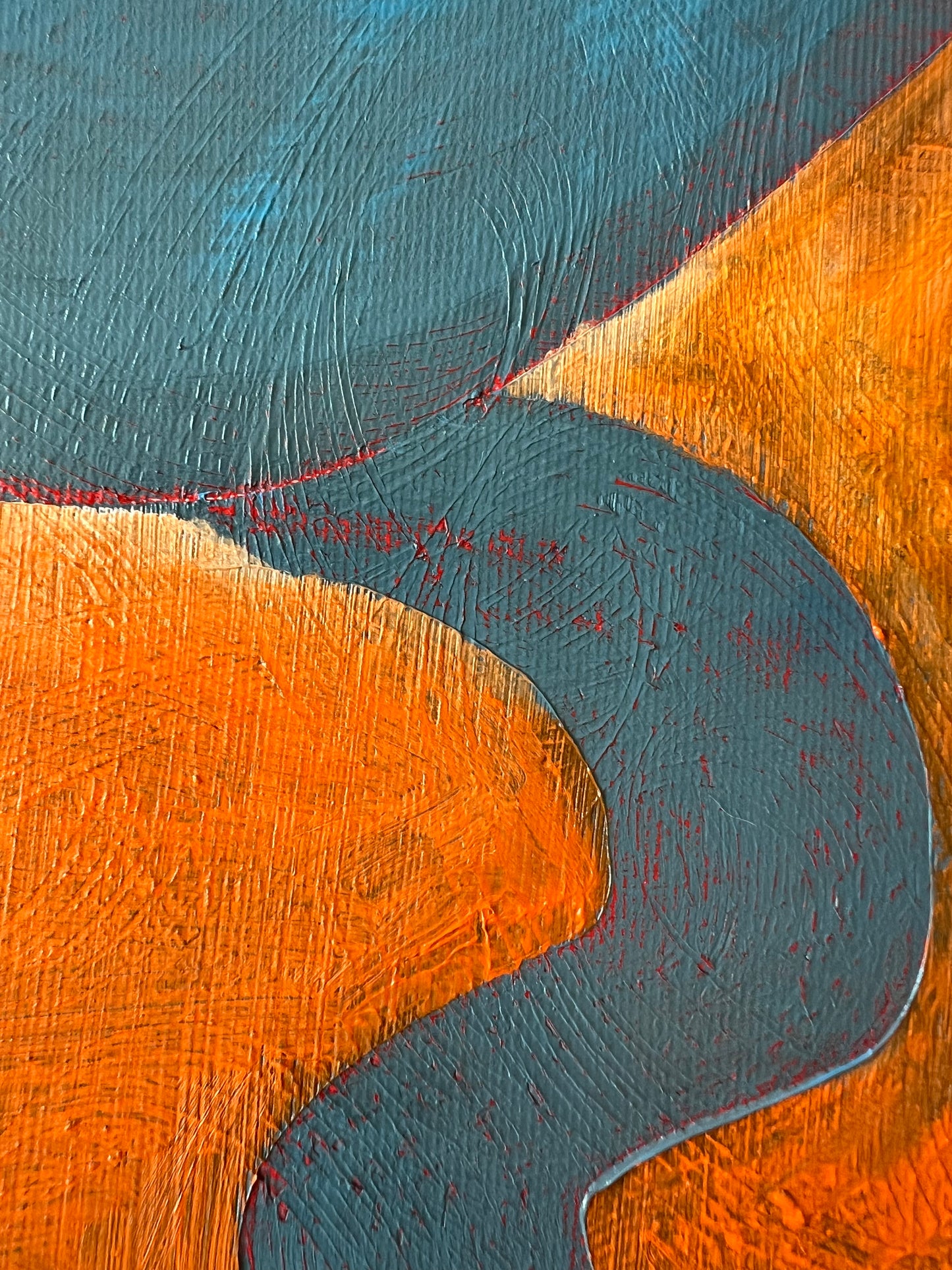 Montgolfière a close up of an abstract oil painting by Beatrice Morel featuring deep blues and fiery oranges. The composition swirls with movement.