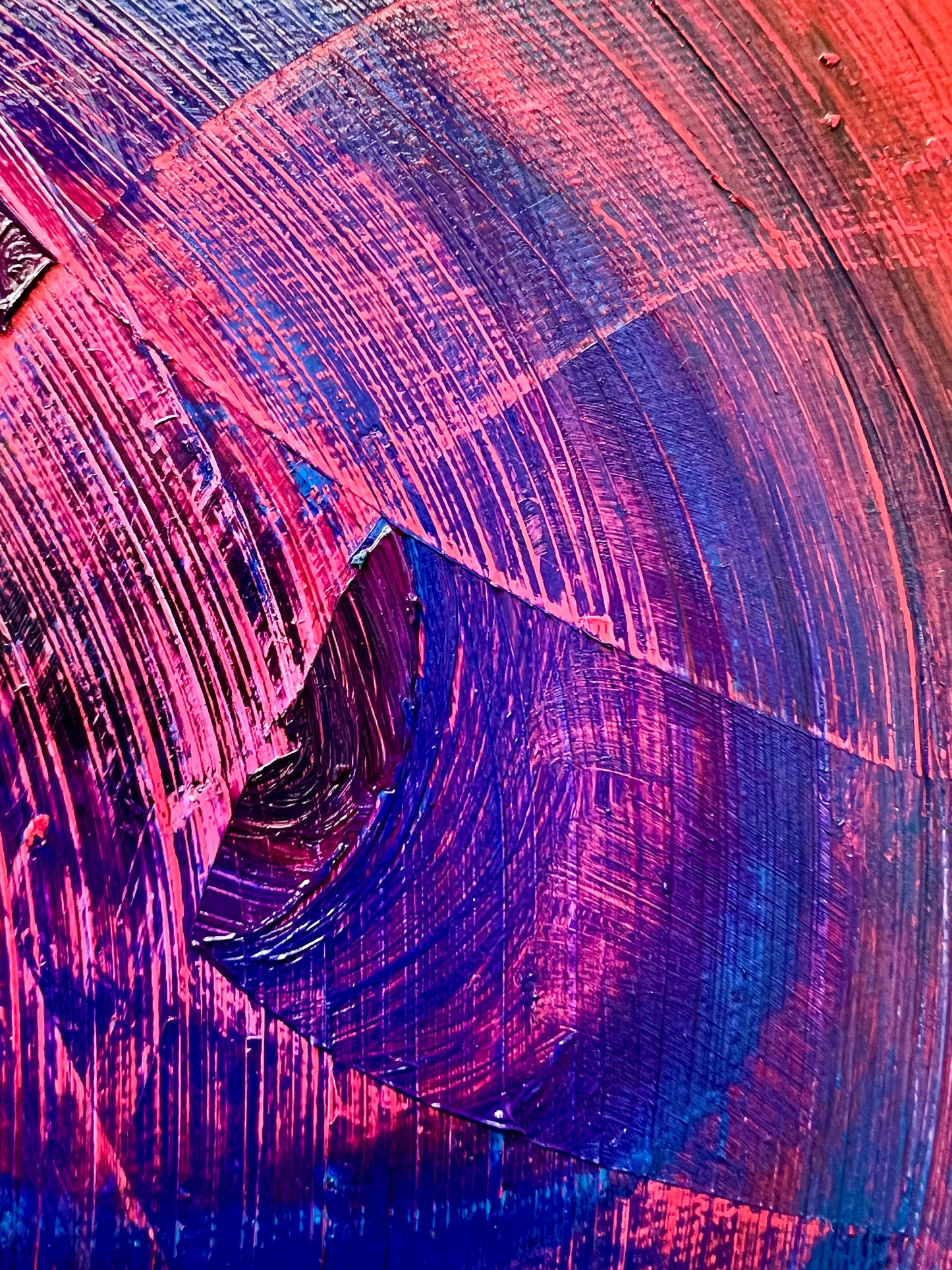 No Roots is an oil based abstract painting by Beatrice Morel, dominated by varying shades of blue, from the deepest indigo to the softest cerulean. Geometric figures emerge from the depths of the azure expanse. This is a close up.