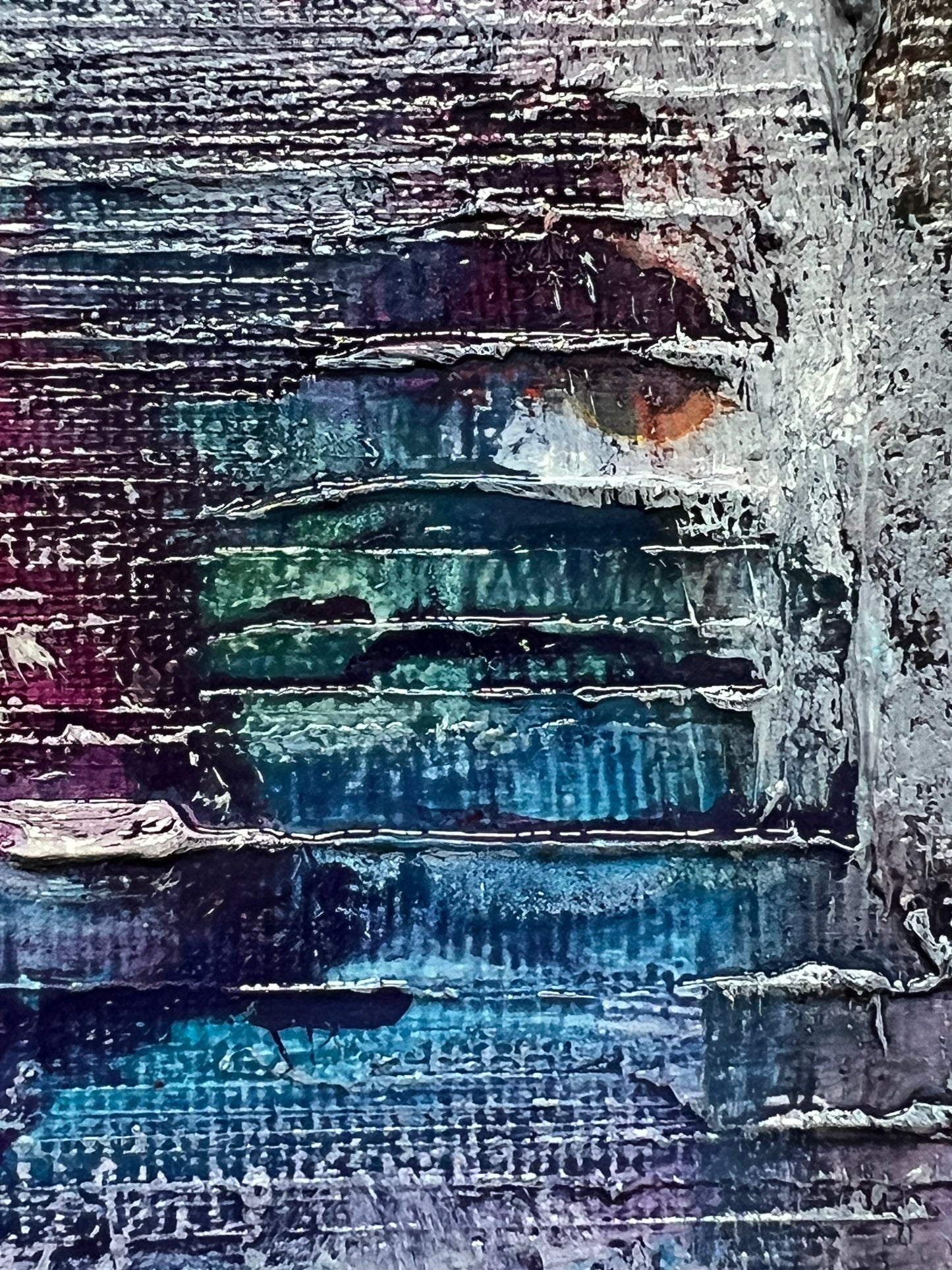 Reflection of Chaos, a close up of an oil and acrylic ink based abstract painting by Beatrice Morel, featuring fiery reds and oranges, which clash against deep blues and greens.