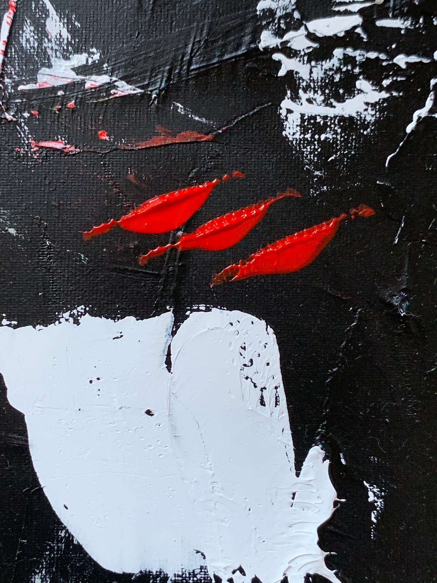 Roll The Dice 1 - An Oil and Acrylic Abstract Painting by Beatrice Morel navigates the stark contrast between black and white, with splashes of red. This is a close up.