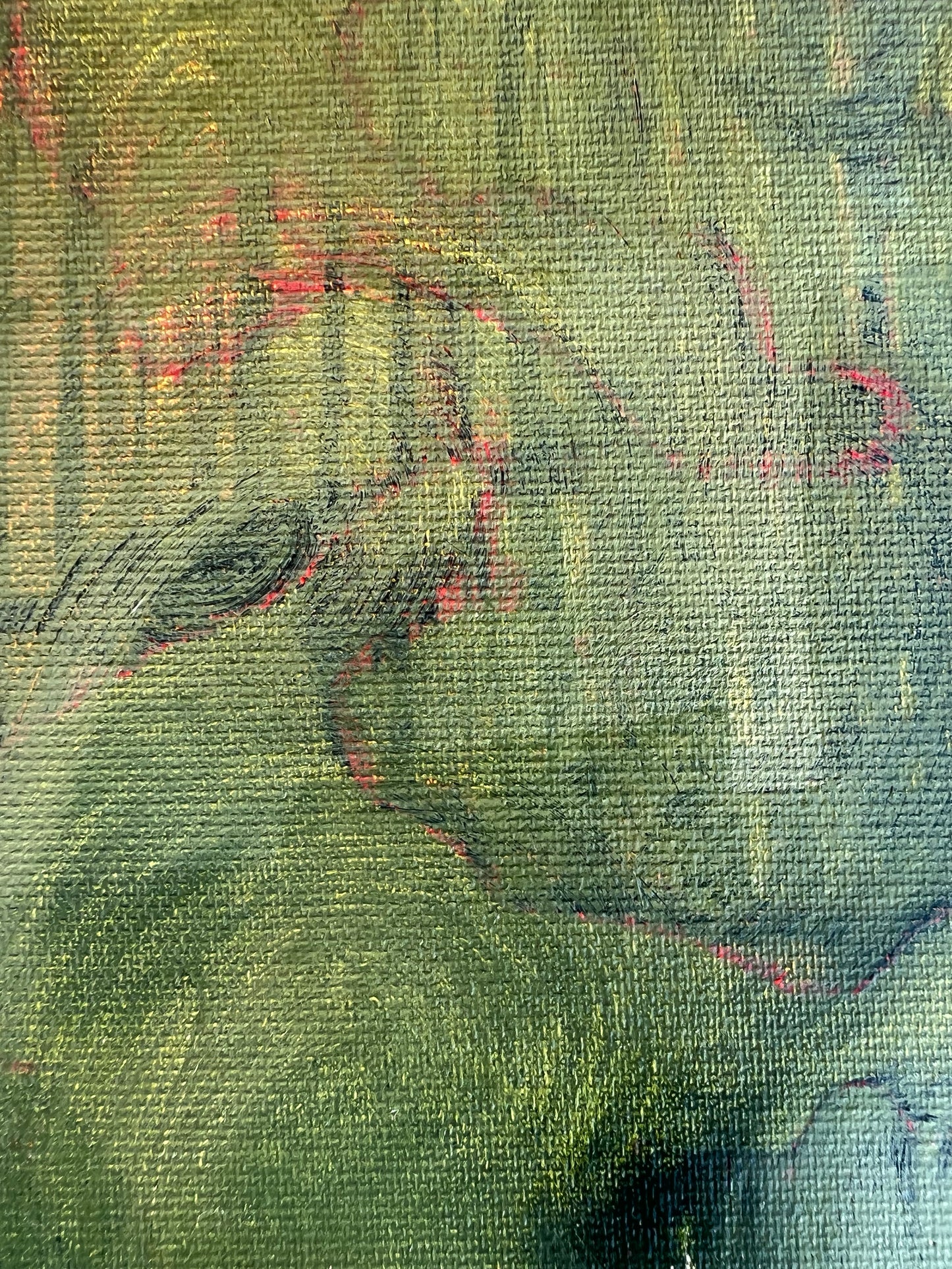 Tropical Breeze - An Oil & Ink Abstract Painting by Beatrice Morel, is an evocative exploration of the serene moments during a sunset in a lush, tropical paradise. A rich palette of greens which gradually dissolve into a soft, glowing yellow at the centre-right. This is a close up.