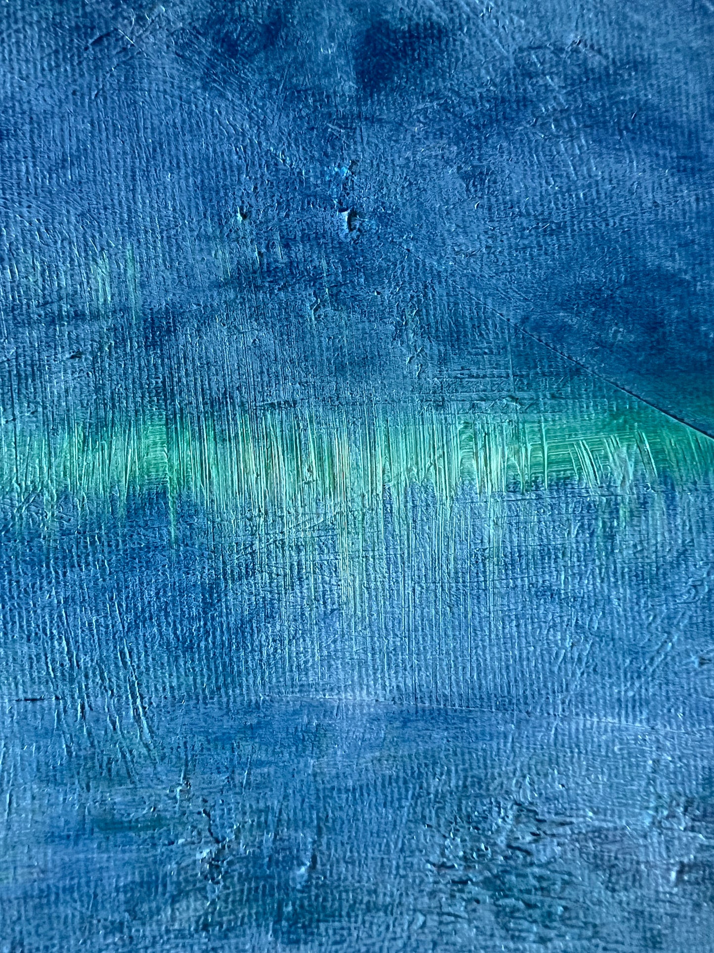 A close up of Enigma, an oil based abstract painting by Beatrice Morel, featuring blue-gray and light blues.