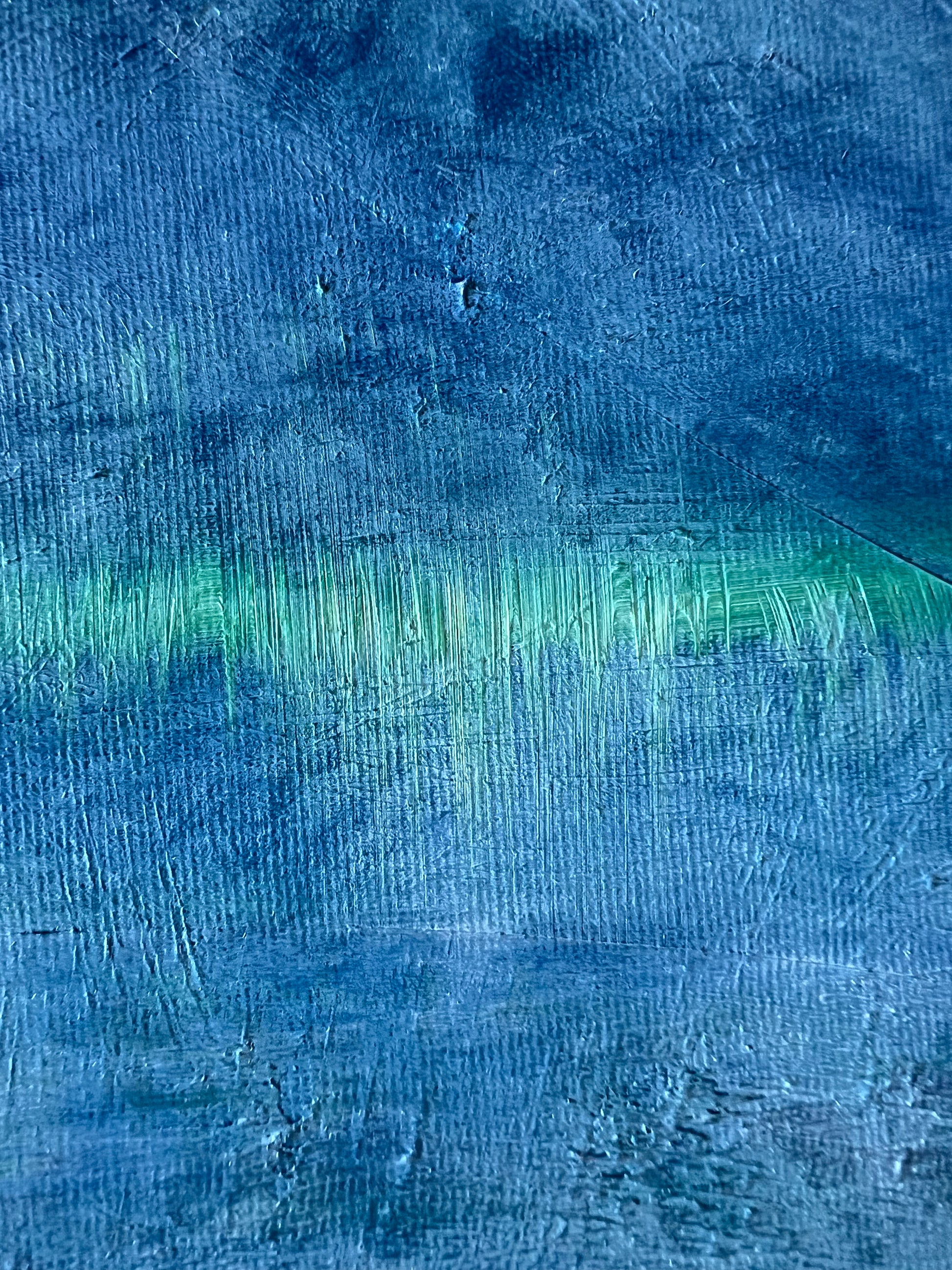 A close up of Enigma, an oil based abstract painting by Beatrice Morel, featuring blue-gray and light blues.
