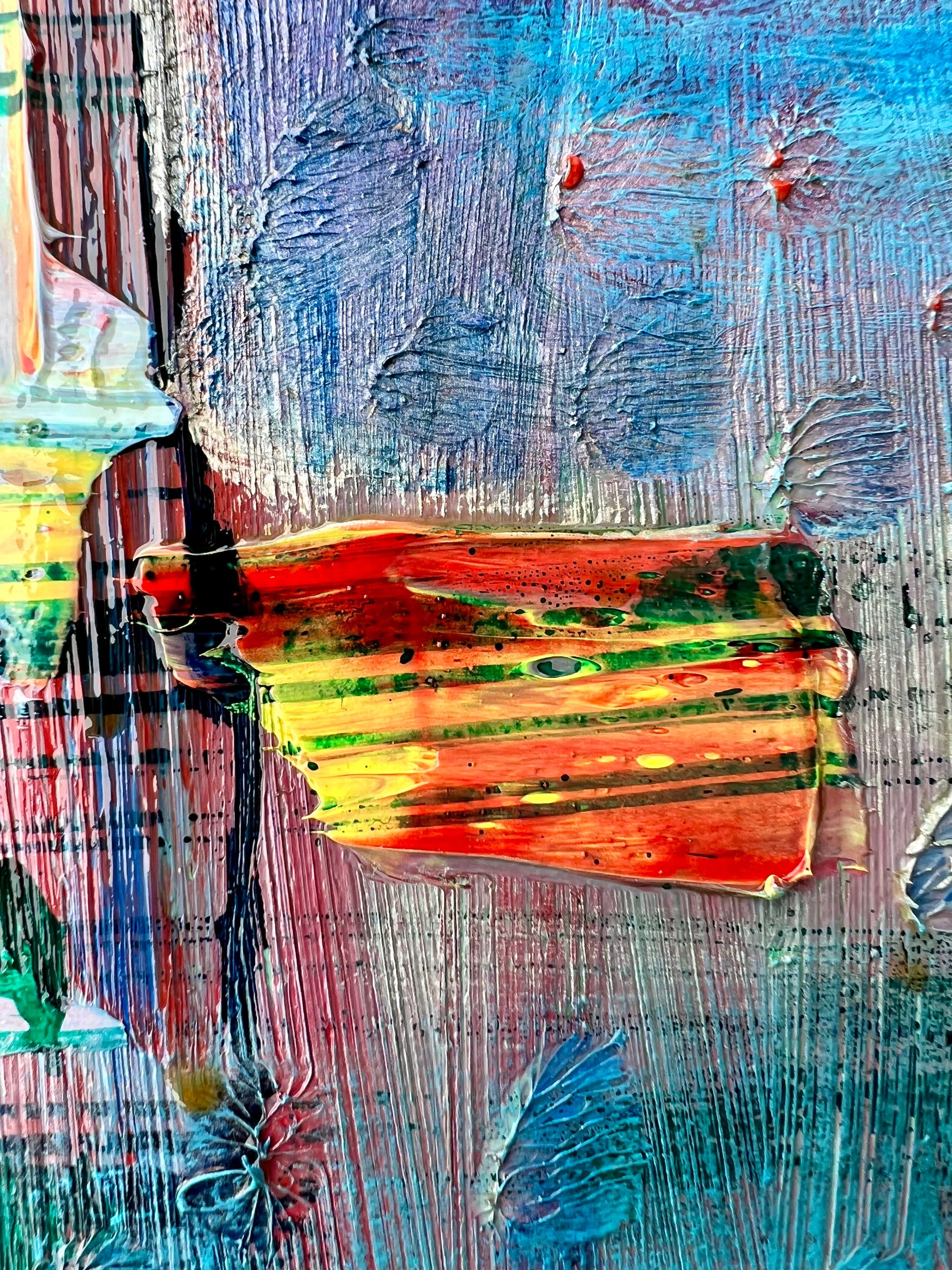 A close up of Fading Memories, an oil and ink based abstract painting by Beatrice Morel, featuring light blues and hints of pink and red