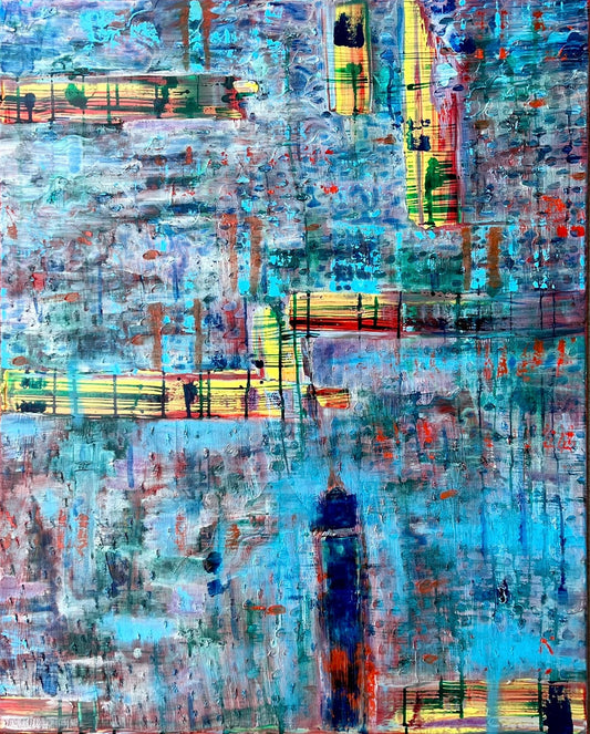 Fading Memories, an oil and ink based abstract painting by Beatrice Morel, featuring light blue and hints of pink and reds