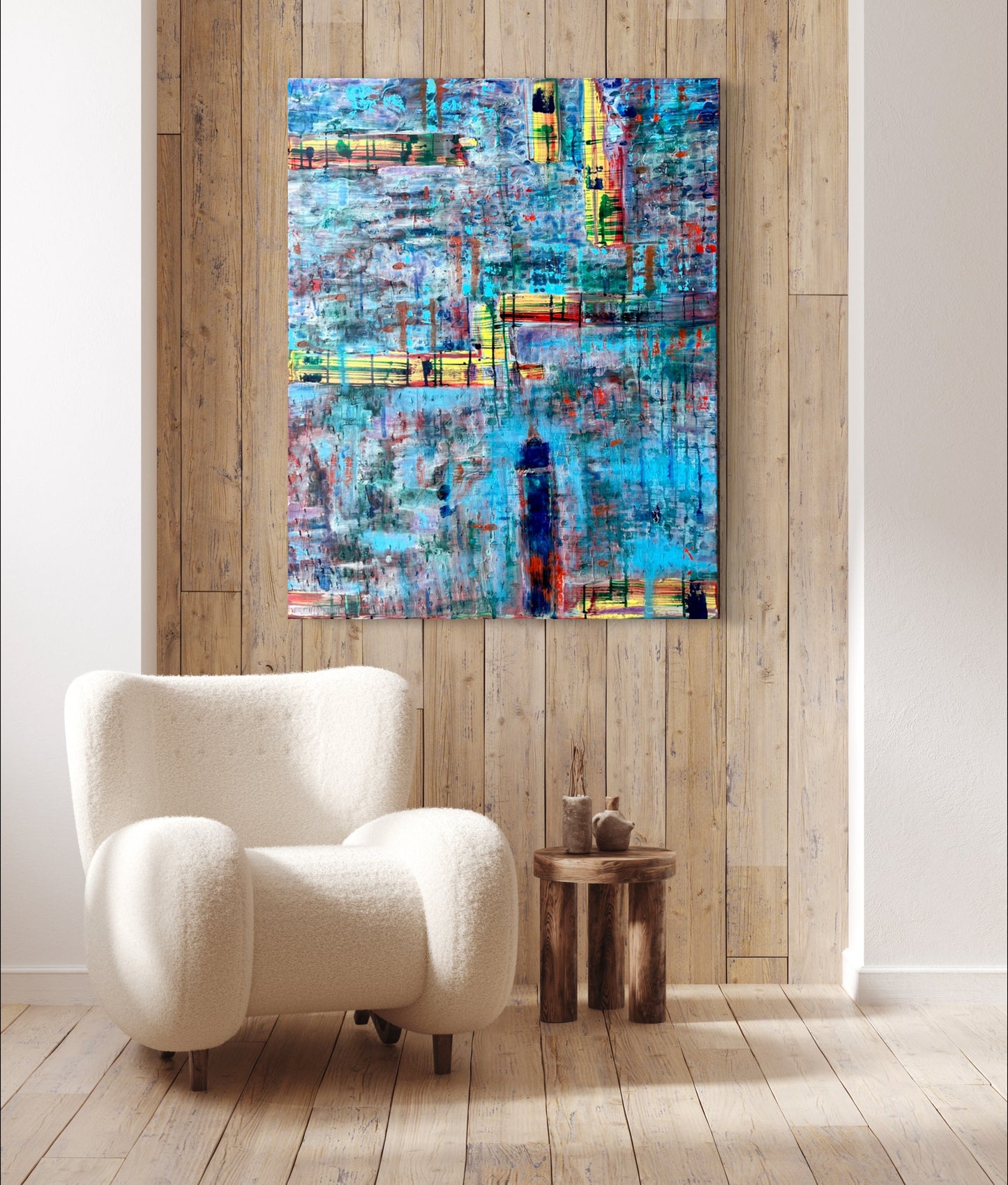 Fading Memories in a room setting, an oil and ink based abstract painting by Beatrice Morel, featuring light blues and hints of pink and red