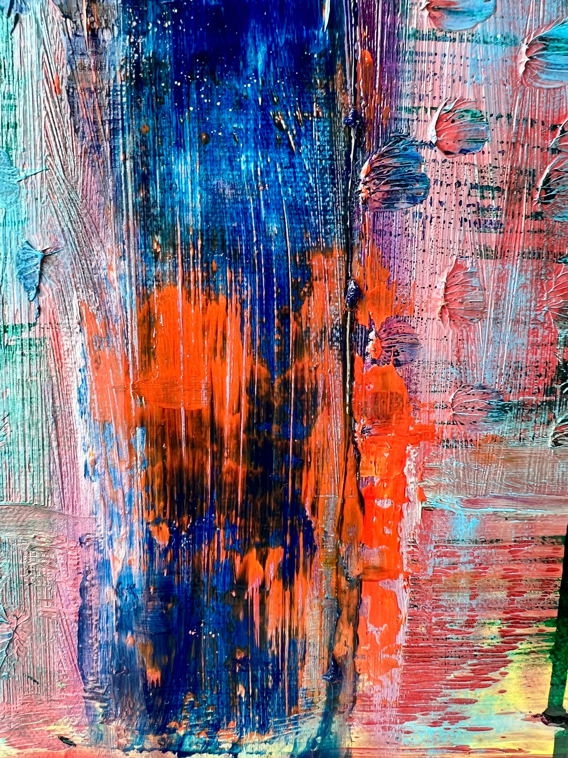 A close up of Fading Memories, an oil and ink based abstract painting by Beatrice Morel, featuring light blues and hints of pink and red