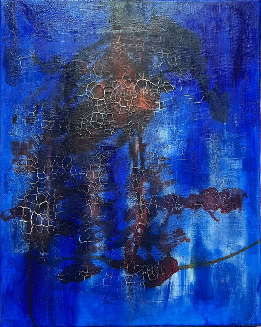 Fractured Echoes, is an oil and acrylic Ink abstract painting by Beatrice Morel. This painting is a hauntingly beautiful exploration of time, memory, and transformation. Featuring deep, moody blues that dominate the canvas, creating an almost infinite expanse that feels like the depths of the ocean or the vastness of a twilight sky. Against this backdrop, fiery reds and earthy browns emerge, their forms fractured and disrupted, as if something once whole has begun to break apart and decay.
