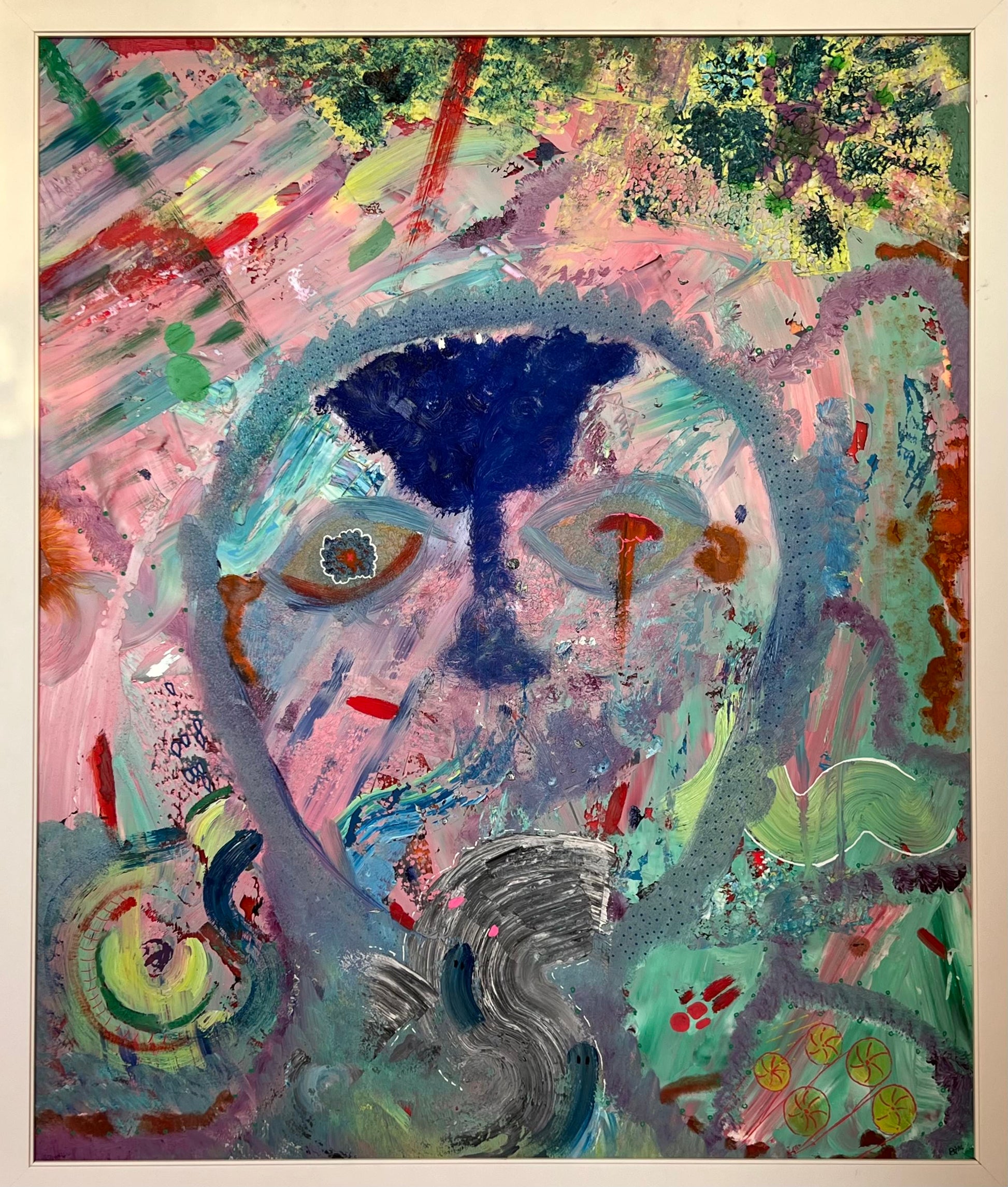 Inside The Wave, Mixed Media on plexiglass by Beatrice Morel, featuring calming blues, infusion of.
greens in the corners and red.