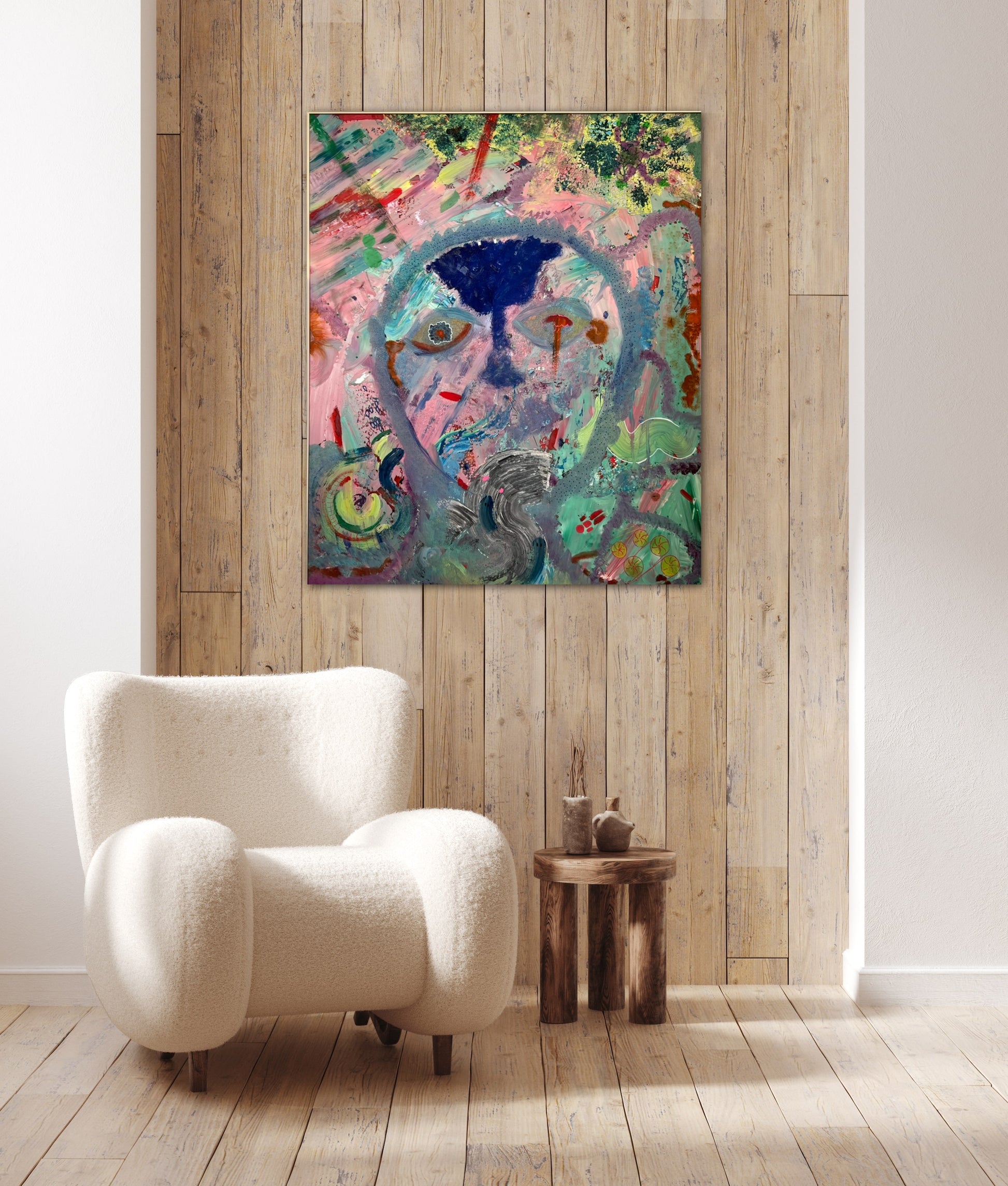 Inside The Wave, Mixed Media on plexiglass by Beatrice Morel, in a room setting featuring calming blues, infusion of.
greens in the corners and red.