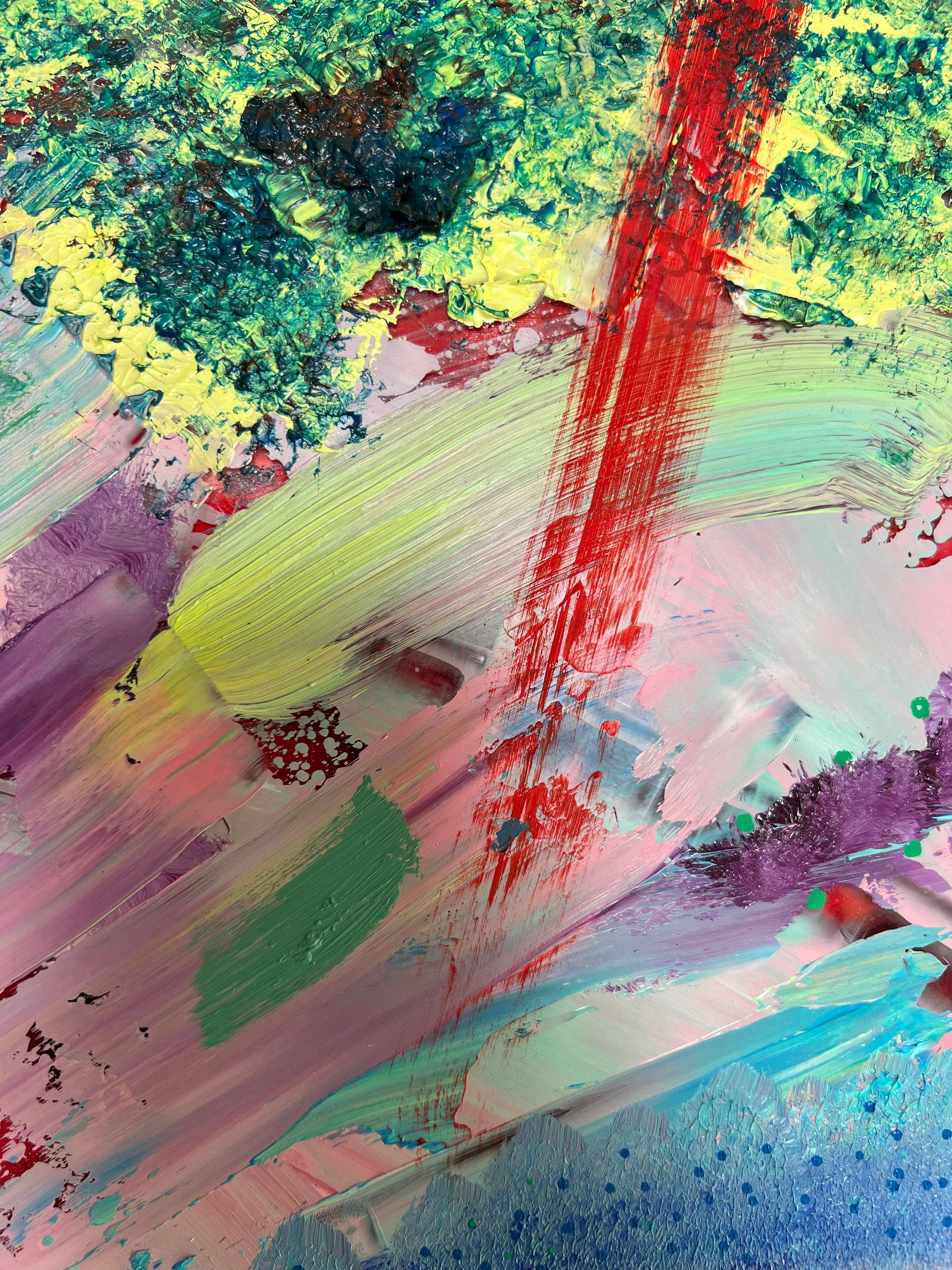 Inside The Wave, Mixed Media on plexiglass by Beatrice Morel, close up featuring calming blues, infusion of.
greens in the corners and red.
