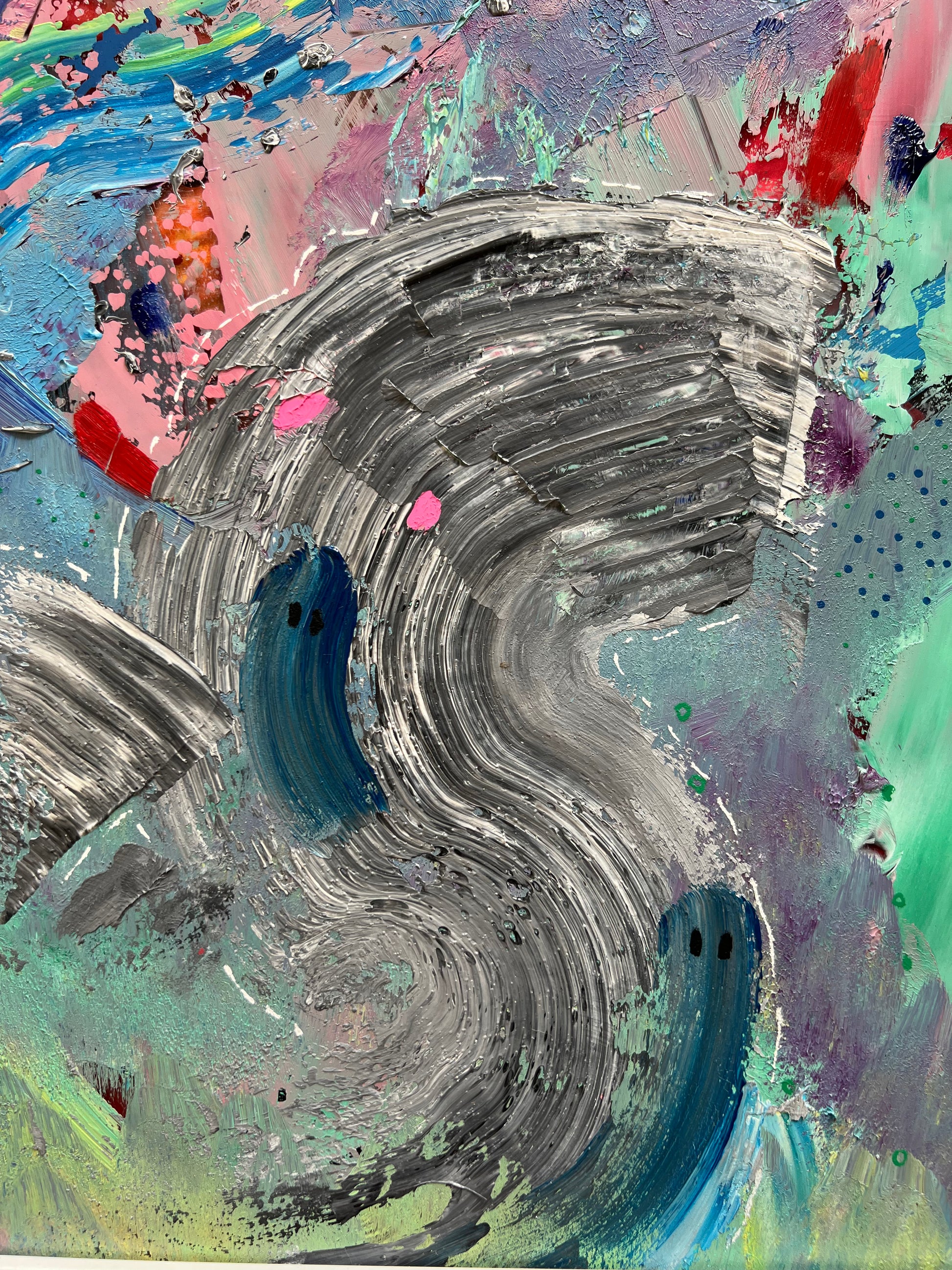 Inside The Wave, Mixed Media on plexiglass by Beatrice Morel, close up featuring calming blues, infusion of.
greens in the corners and red.
