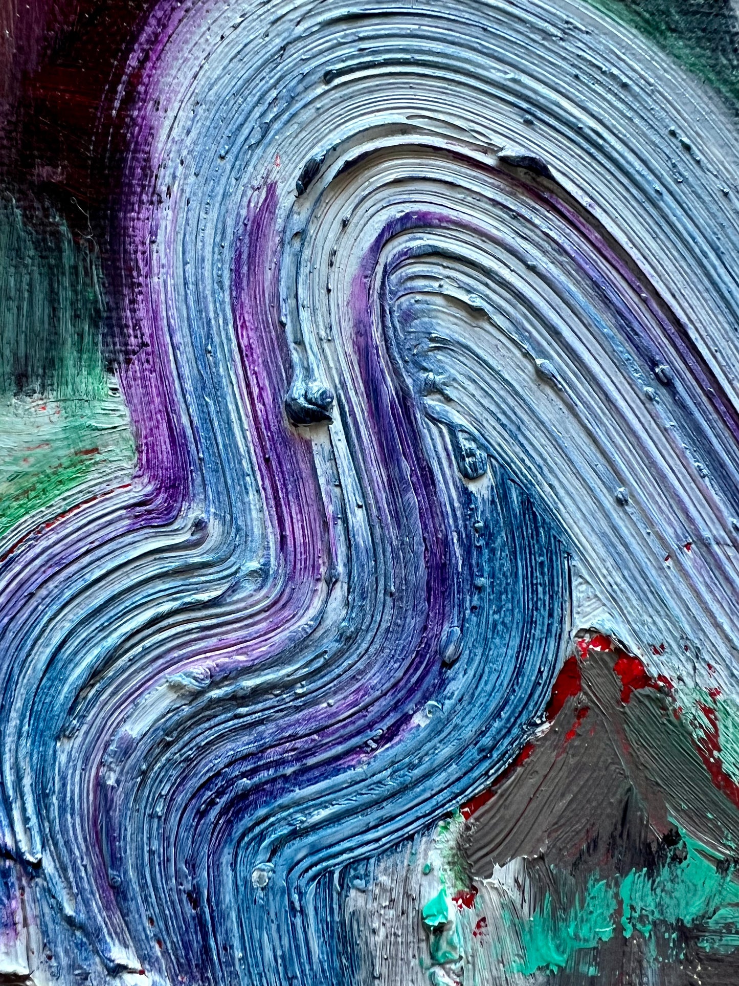 Jouer Avec Le Feu, close up of an oil based painting by Beatrice Morel, above a fireplace, featuring white, blues and reds with hints of purple and green