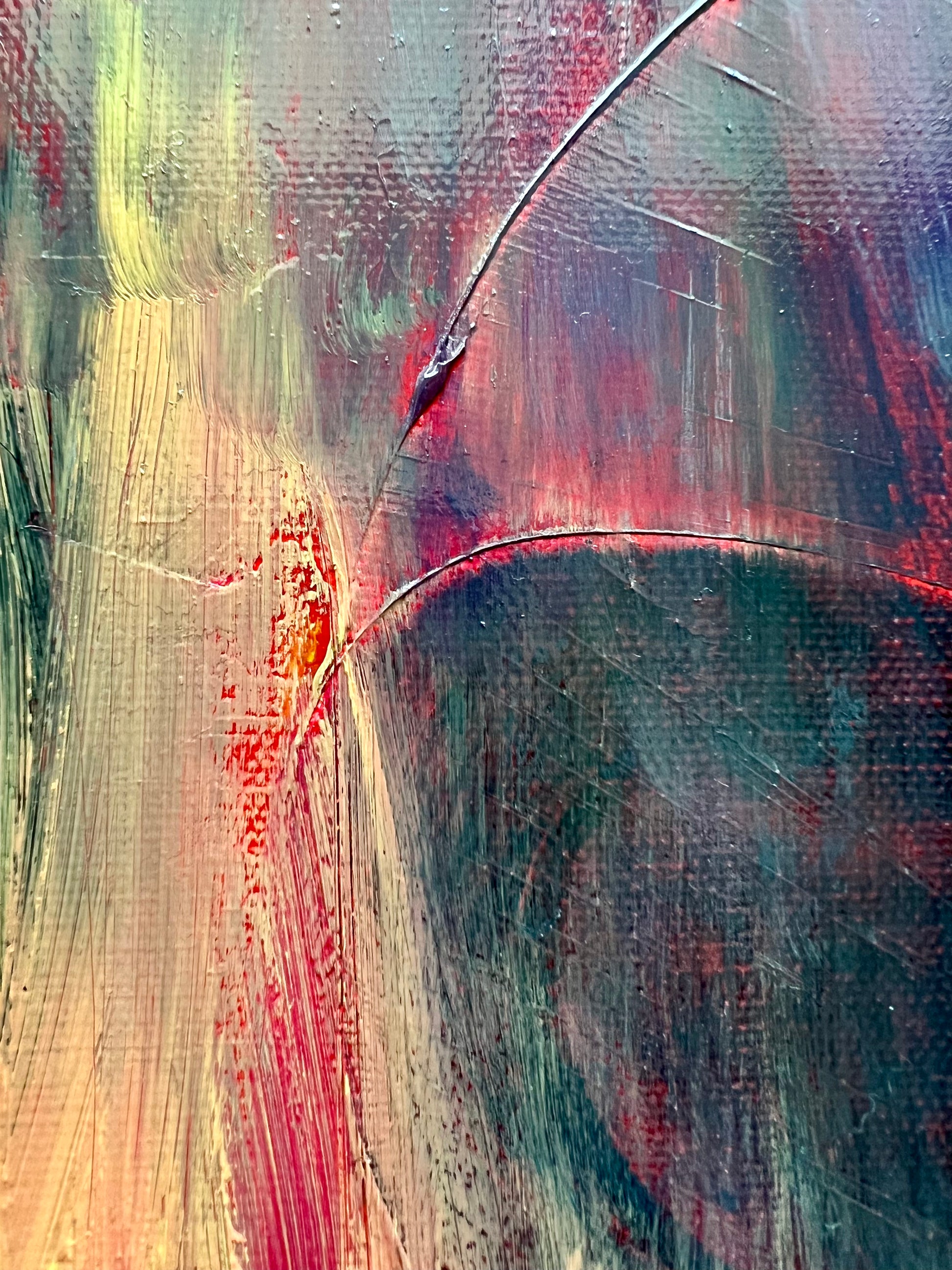 Jouer Avec Le Feu, close up of an oil based painting by Beatrice Morel, featuring blues and reds with hints of yellow and green
