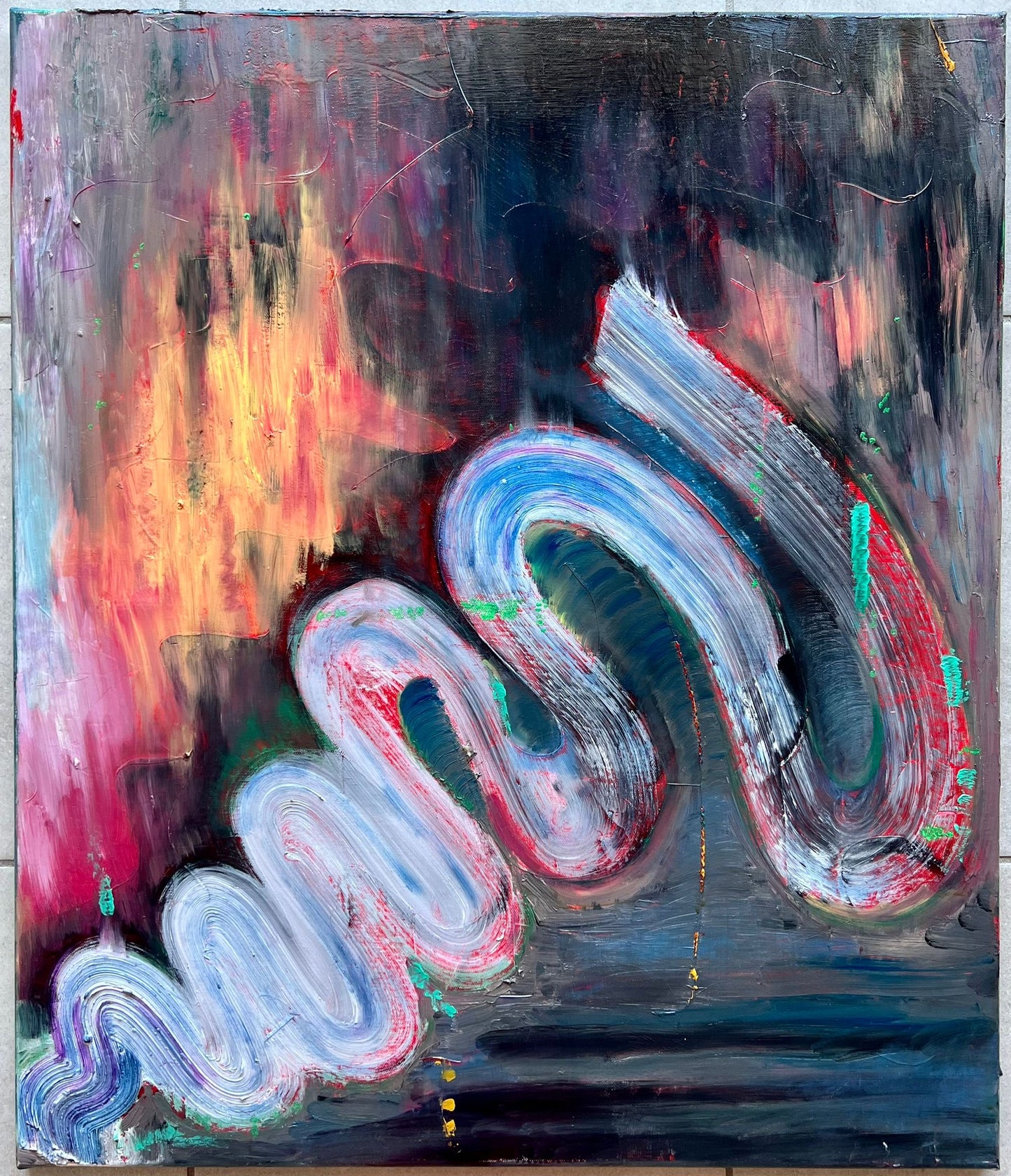 Jouer Avec Le Feu, an oil based painting by Beatrice Morel, featuring white, blue and red with hints of yellow, pink and blue
