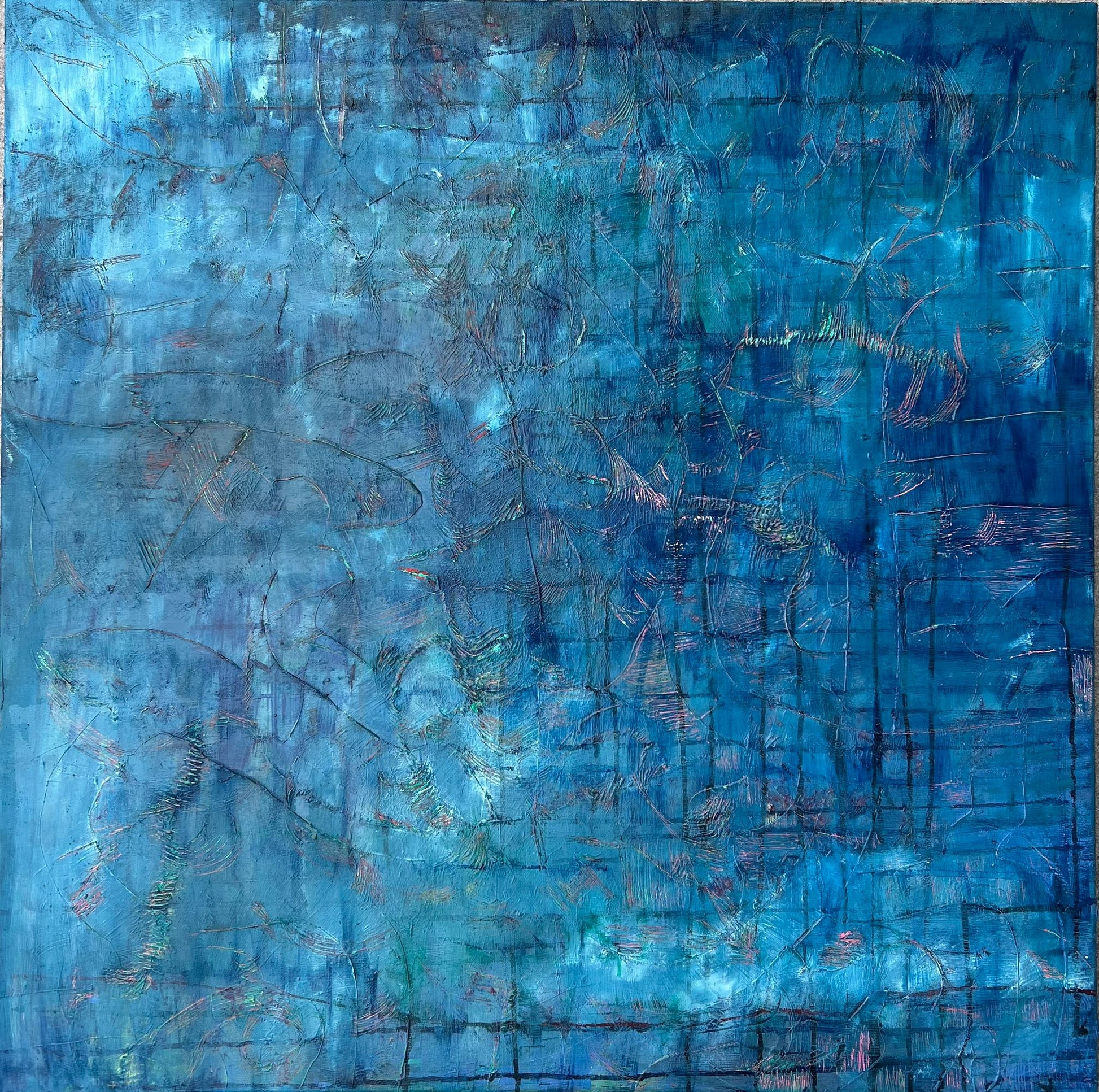 Laisser une empreinte, translating to "Leave a Mark" in English is an oil & ink painting by Beatrice Morel, featuring varied shades of blue, from deep indigo to pale sky tones