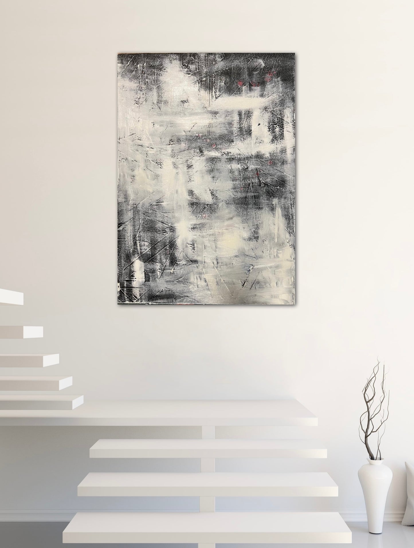 Loud Places, an oil and ink based abstract painting by Beatrice Morel, in a contemporary room setting, featuring a symphony of whites and greys.