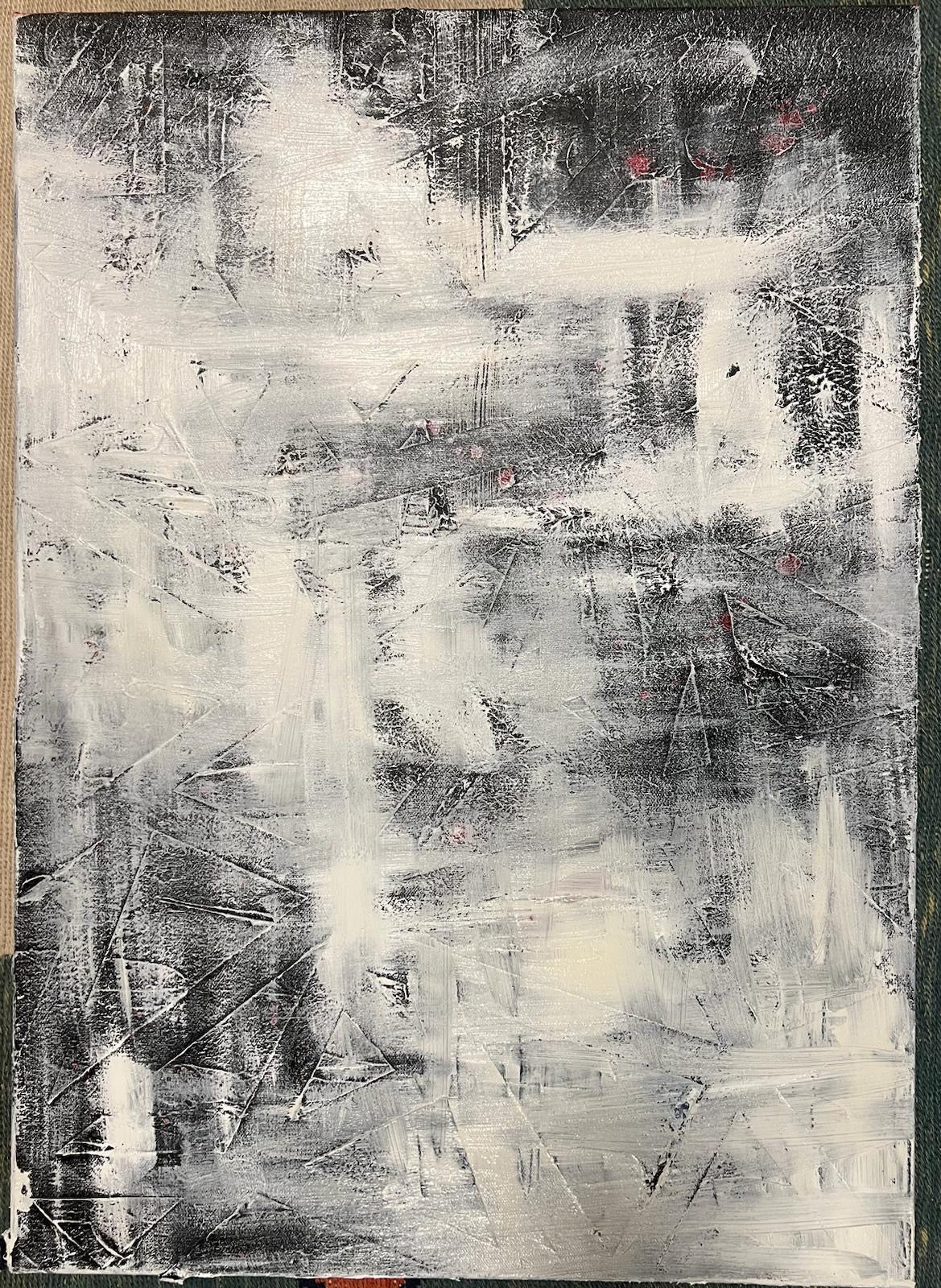 Loud Places, an oil and ink based abstract painting by Beatrice Morel, featuring a symphony of whites and greys.
