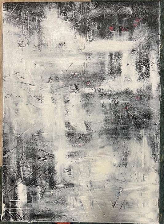 Loud Places, an oil and ink based abstract painting by Beatrice Morel, featuring a symphony of whites and greys.
