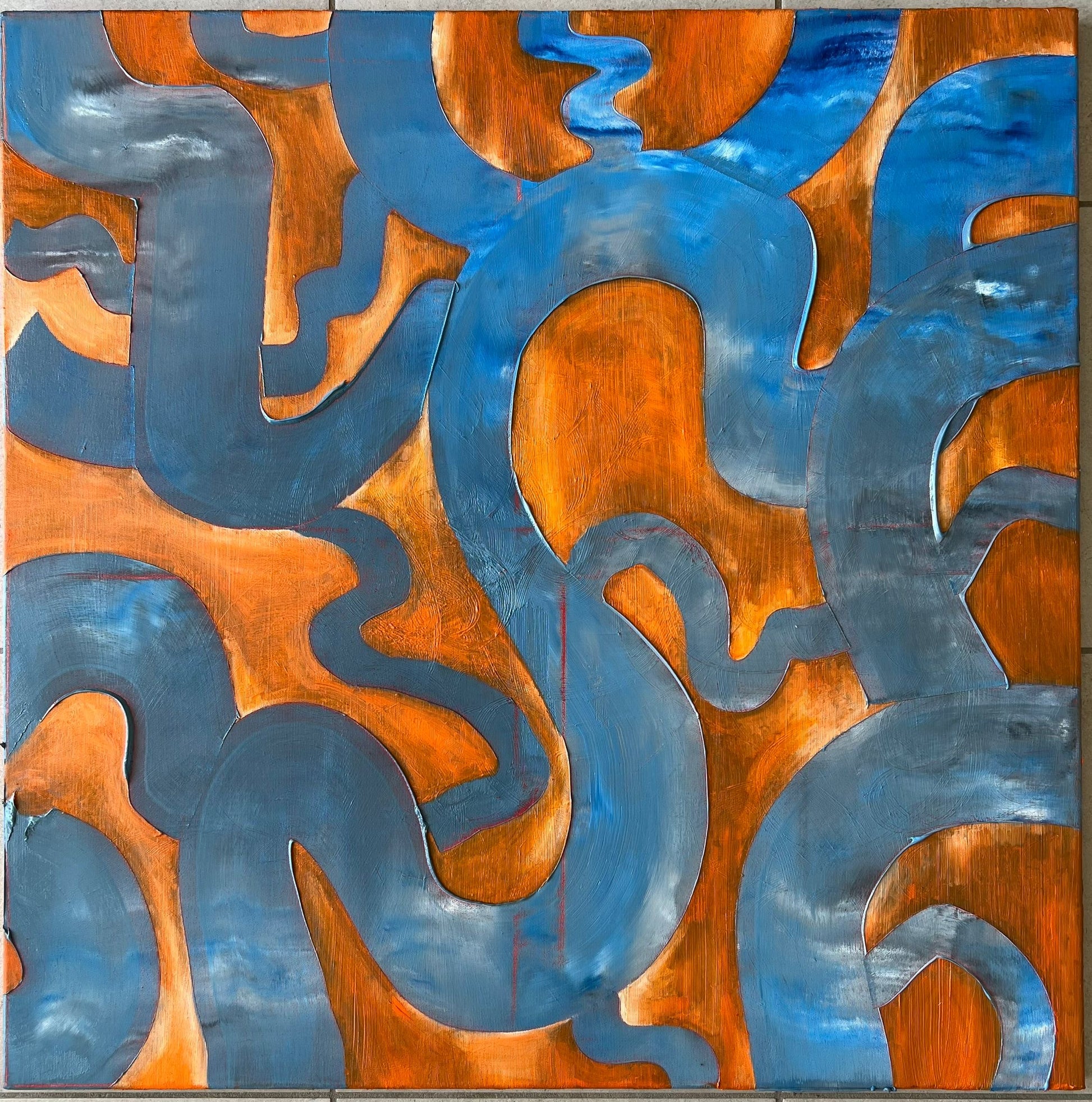Montgolfière an abstract oil painting by Beatrice Morel featuring deep blues and fiery oranges. The composition swirls with movement.