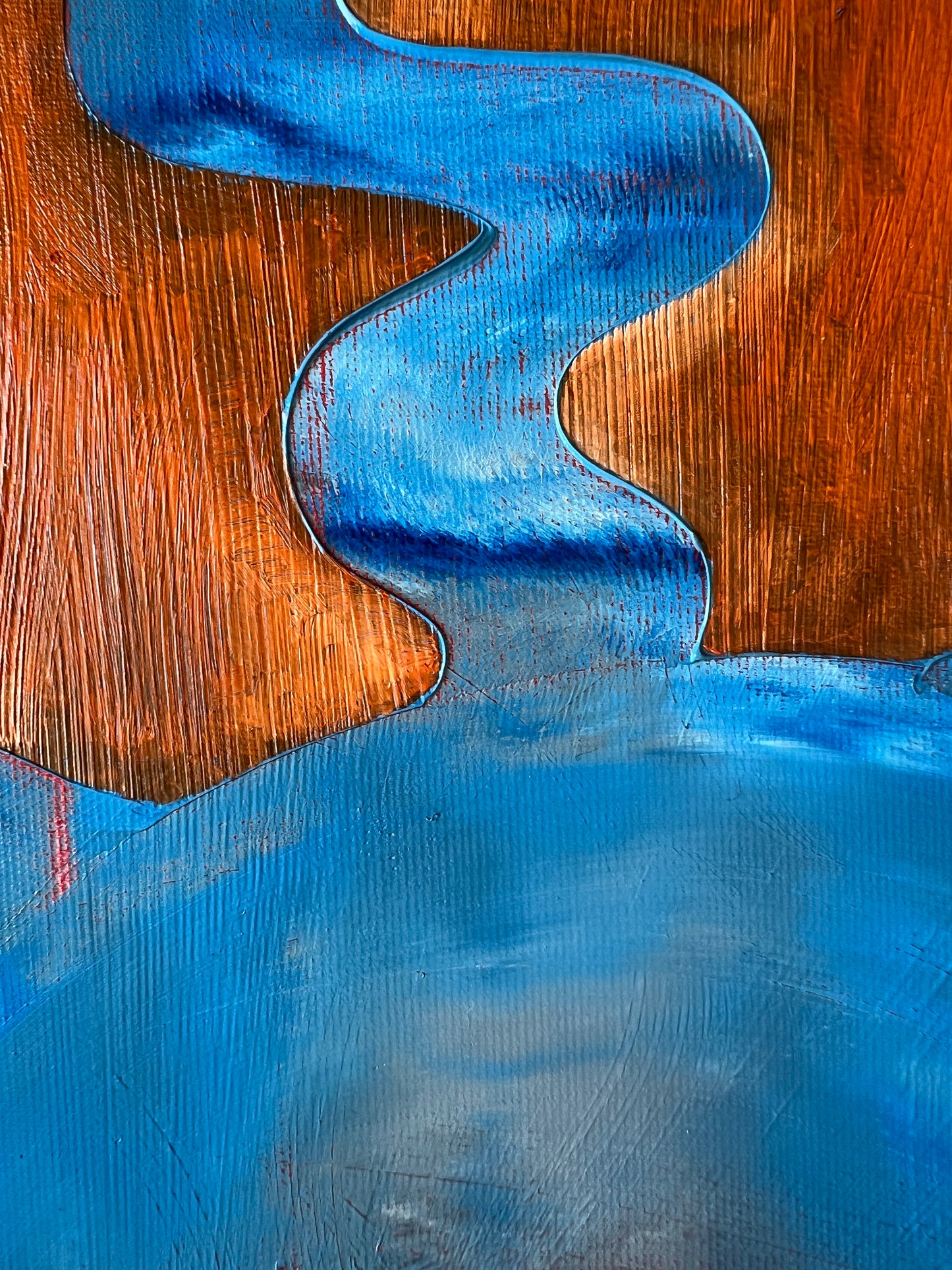 Montgolfière a close up of an abstract oil painting by Beatrice Morel featuring deep blues and fiery oranges. The composition swirls with movement.