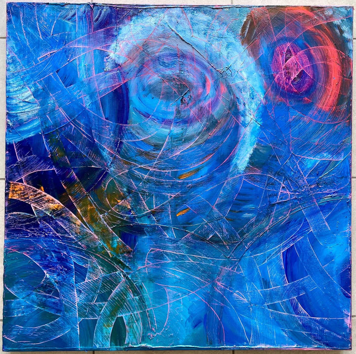 No Roots is an oil based abstract painting by Beatrice Morel, dominated by varying shades of blue, from the deepest indigo to the softest cerulean. Geometric figures emerge from the depths of the azure expanse.