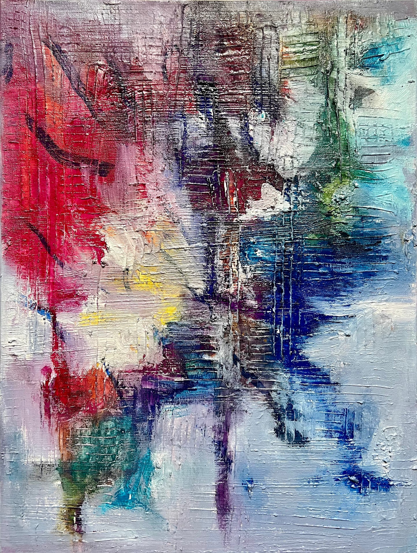 Reflection of Chaos, an oil and acrylic ink based abstract painting by Beatrice Morel, featuring fiery reds and oranges, which clash against deep blues and greens.
