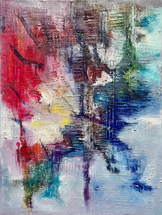 Reflection of Chaos, an oil and acrylic ink based abstract painting by Beatrice Morel, featuring fiery reds and oranges, which clash against deep blues and greens.
