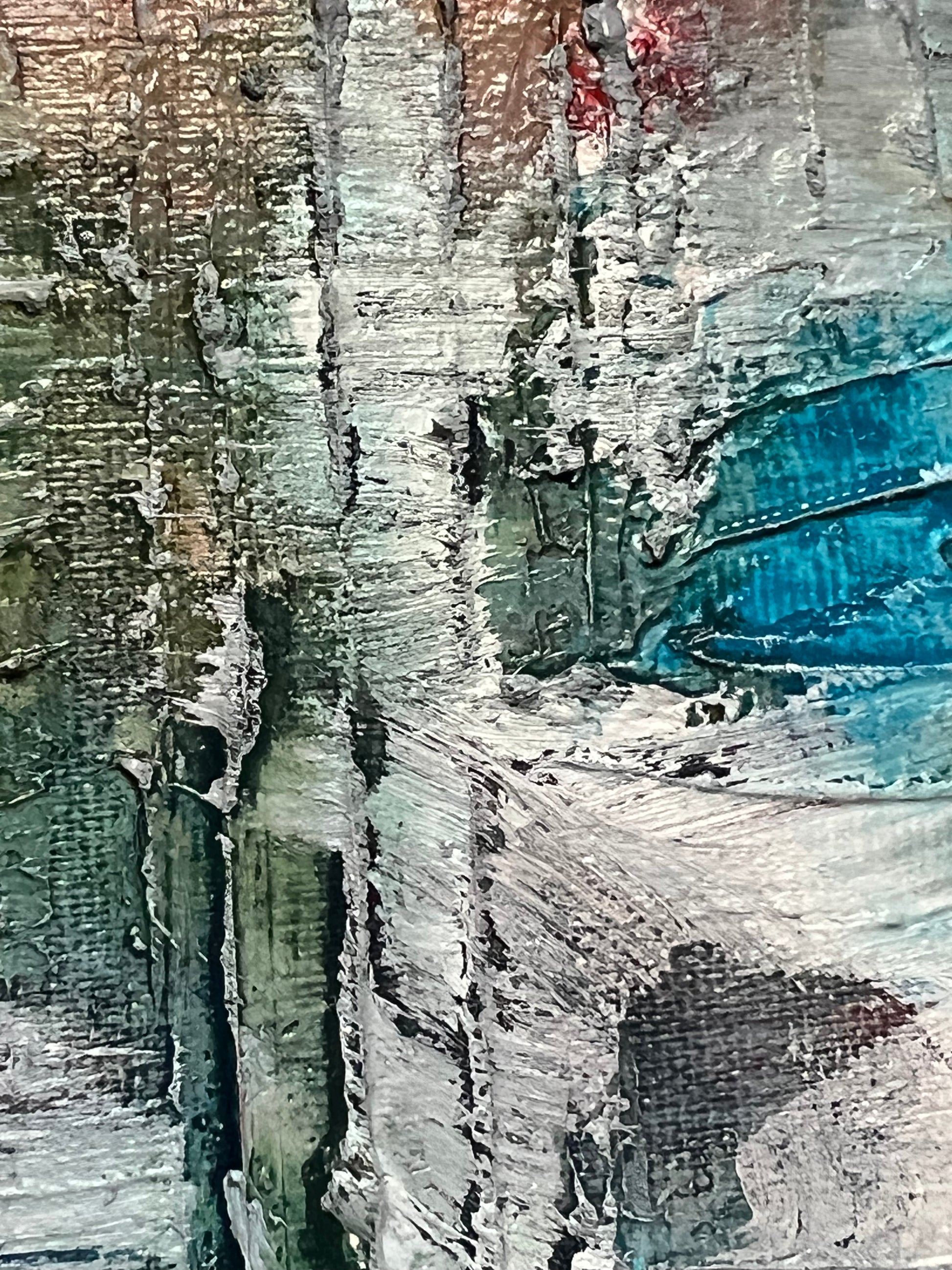 Reflection of Chaos, a close up of an oil and acrylic ink based abstract painting by Beatrice Morel, featuring fiery reds and oranges, which clash against deep blues and greens.