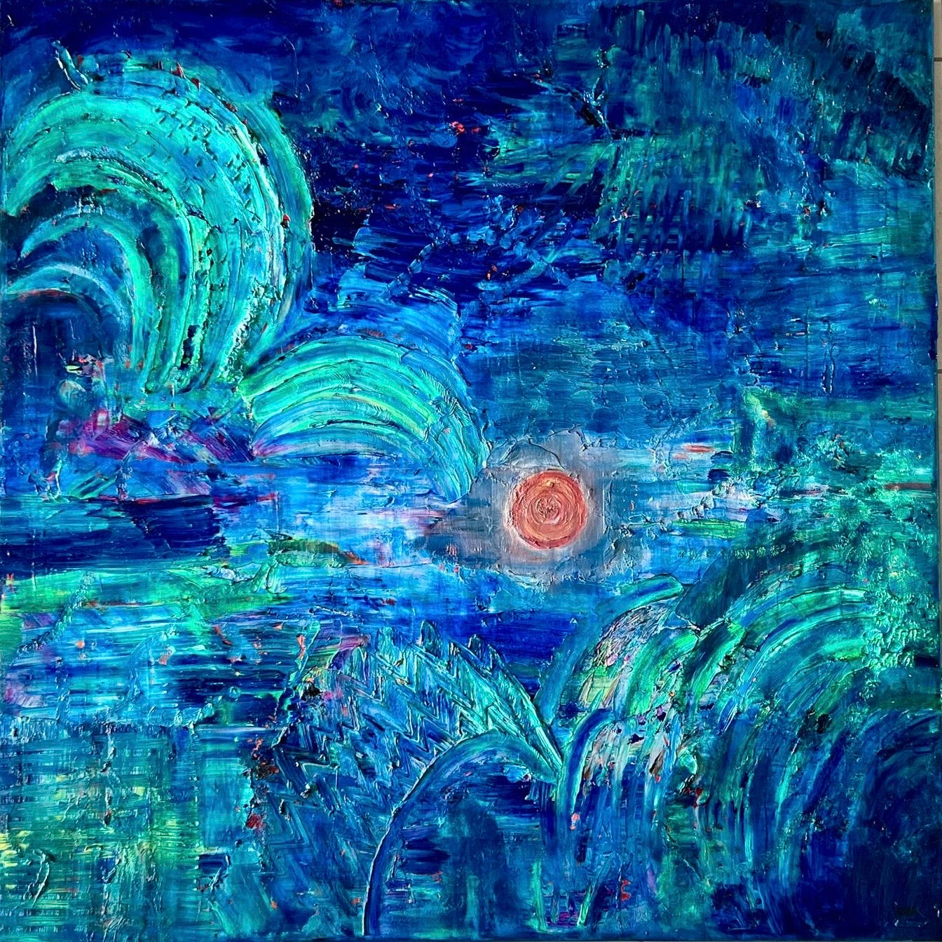 Rise and Fall An oil based abstract painting Beatrice Morel featuring various shades of blue. In the heart of the painting, a mesmerizing interplay of red and yellow emerges, forming the focal point of the composition.