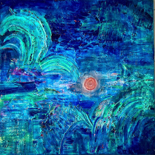Rise and Fall An oil based abstract painting Beatrice Morel featuring various shades of blue. In the heart of the painting, a mesmerizing interplay of red and yellow emerges, forming the focal point of the composition.
