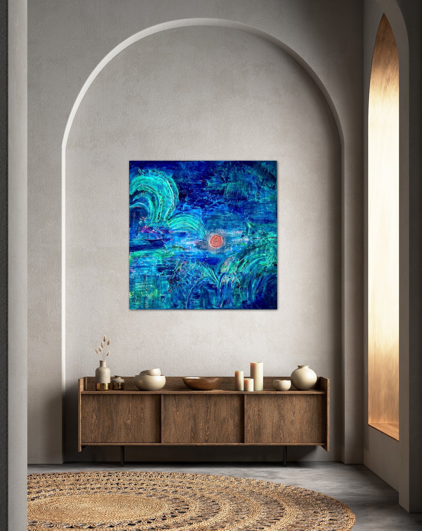 Rise and Fall oil based abstract painting Beatrice Morel featuring various shades of blue. In the heart of the painting, a mesmerizing interplay of red and yellow emerges, forming the focal point of the composition. This is shown in a room.