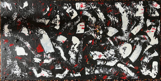 Roll The Dice 1 - An Oil and Acrylic Abstract Painting by Beatrice Morel navigates the stark contrast between black and white, with splashes of red.