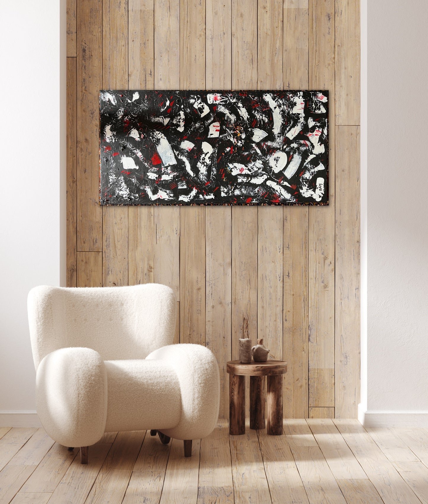 Roll The Dice 1 - An Oil and Acrylic Abstract Painting by Beatrice Morel navigates the stark contrast between black and white, with splashes of red. It is shown in a room setting.