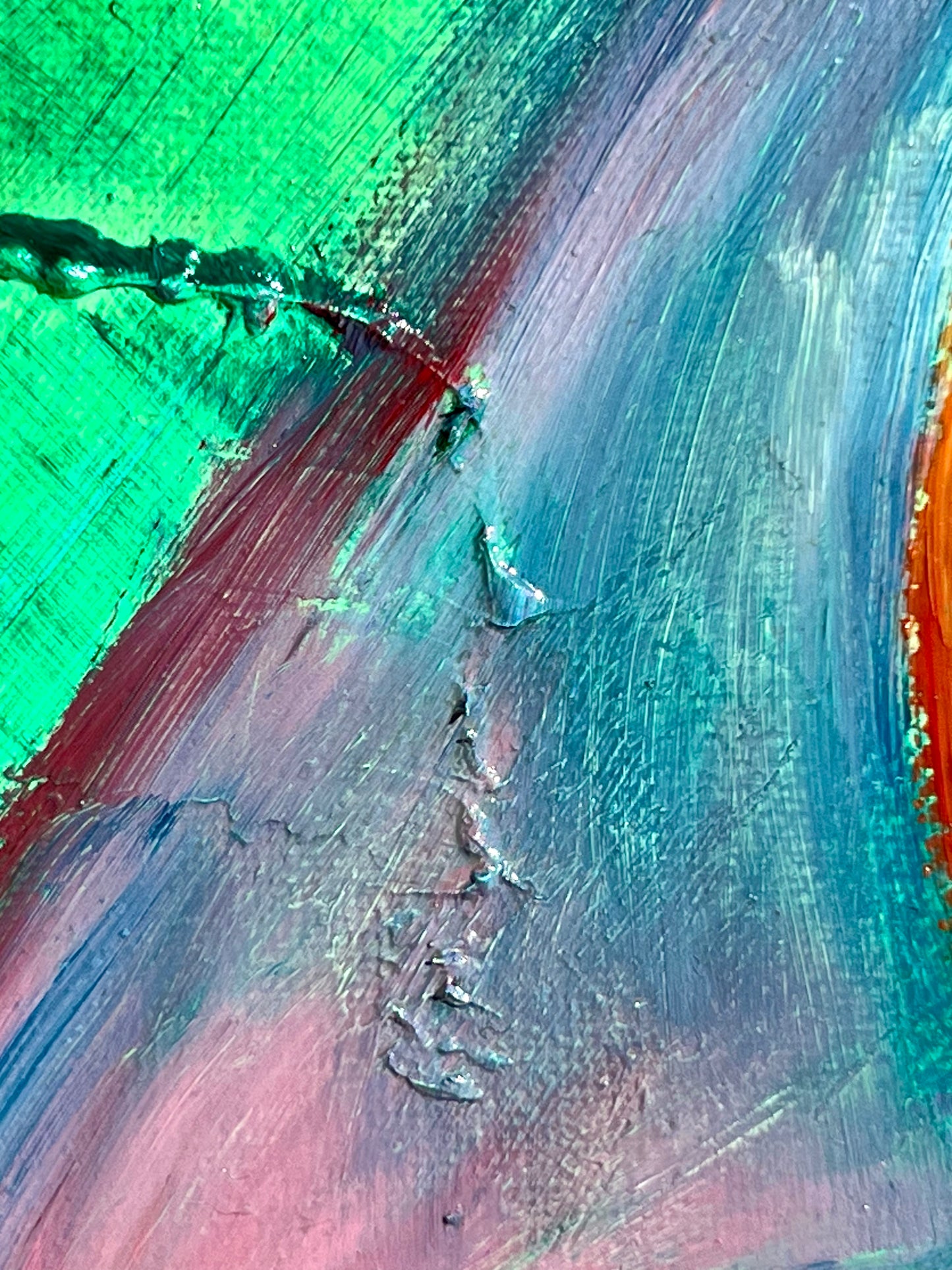 Silhouettes - An oil based abstract painting by Beatrice Morel featuring lush, verdant green background, with the vibrant hues of purple, red, pink, and various shades of blue. This is a close up.