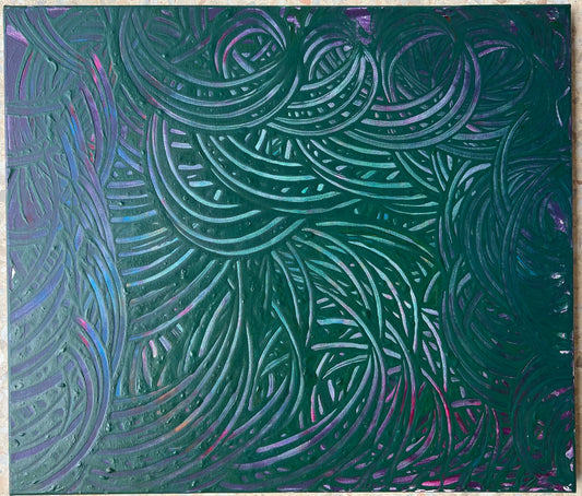 The Maze Runner - An Acrylic Abstract Painting by Beatrice Morel, featuring a palette of deep blues, charcoal grays and greens.