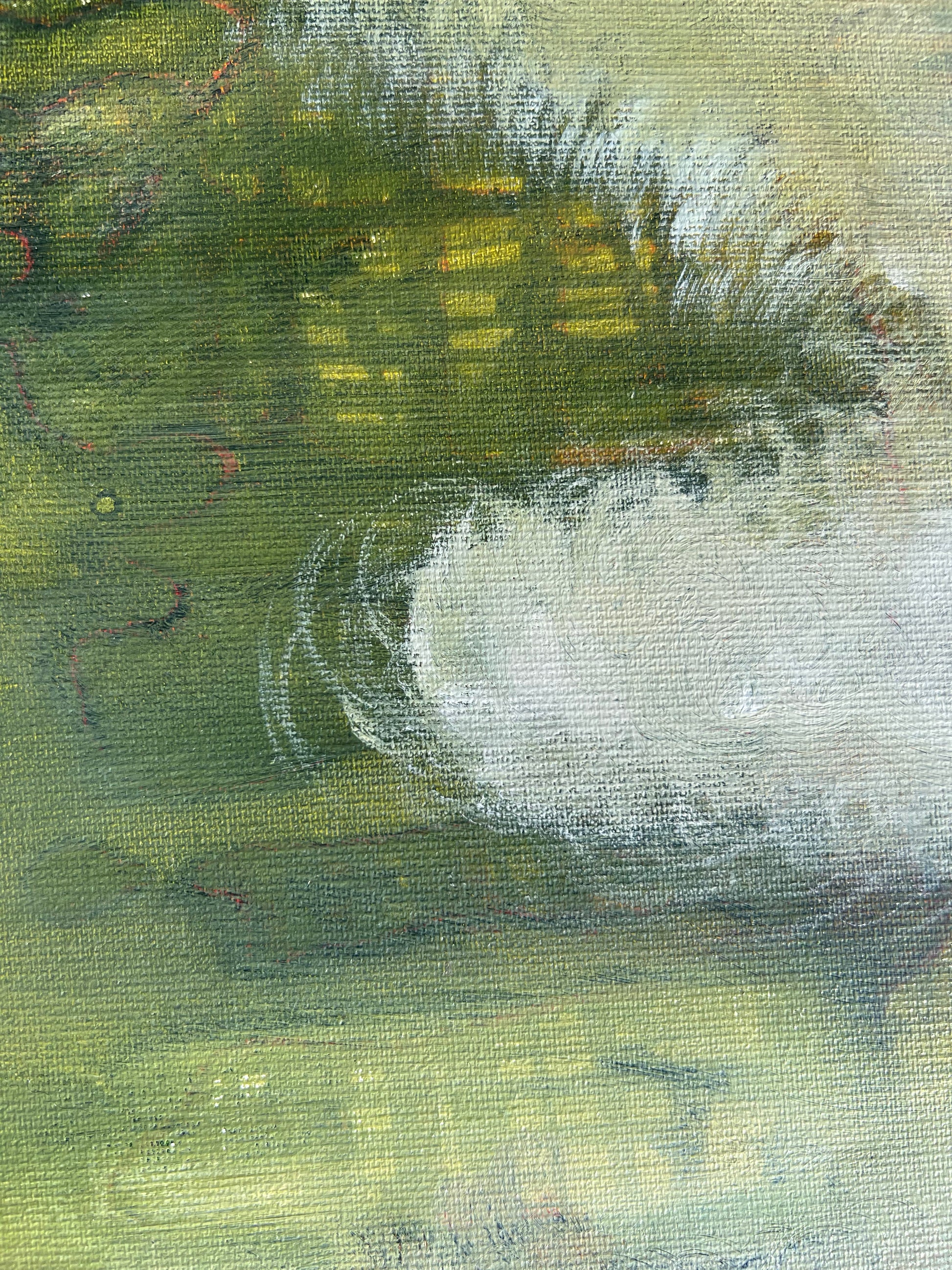 Tropical Breeze - An Oil & Ink Abstract Painting by Beatrice Morel, is an evocative exploration of the serene moments during a sunset in a lush, tropical paradise. A rich palette of greens which gradually dissolve into a soft, glowing yellow at the centre-right. This is a close up.