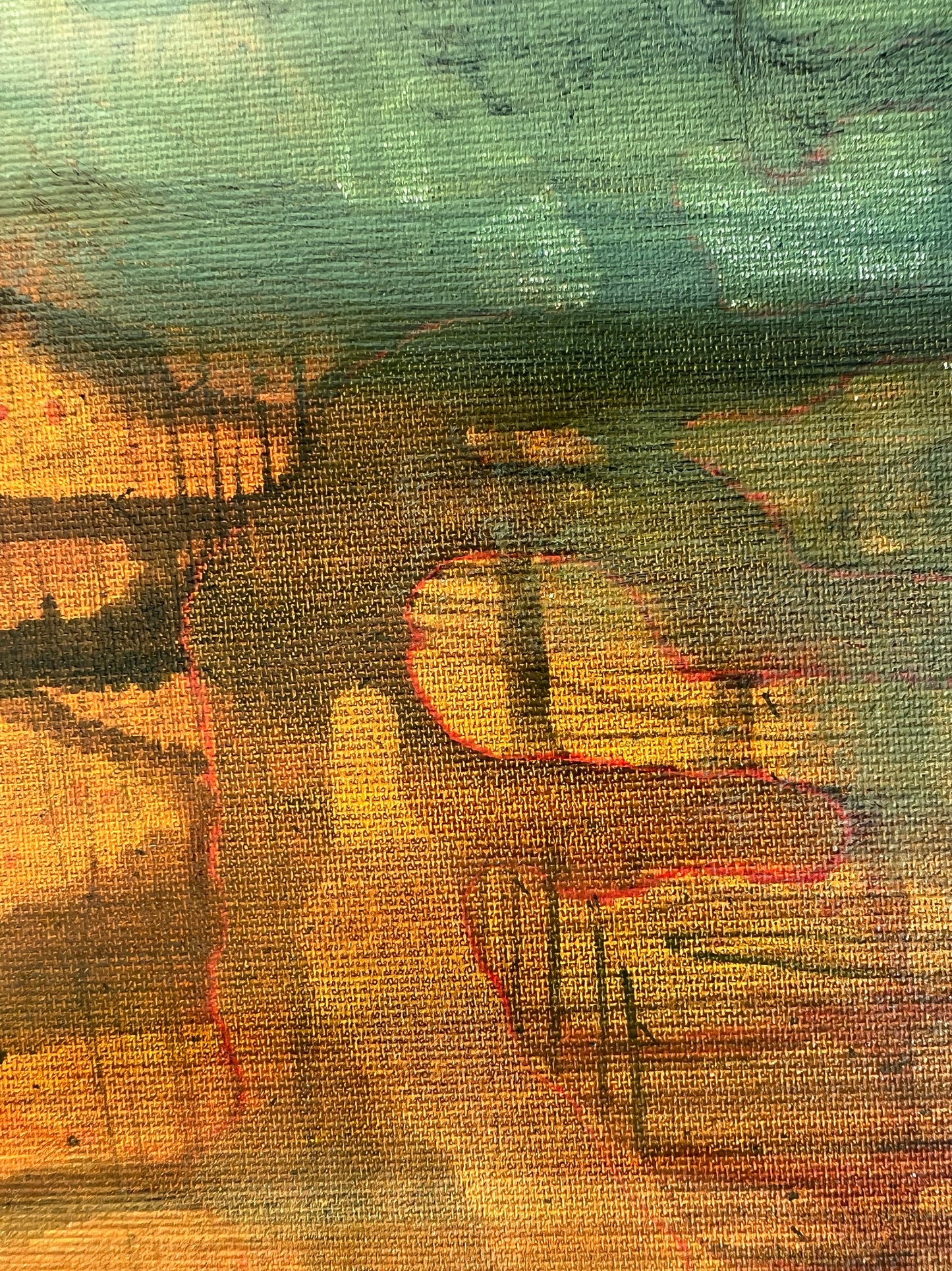 Tropical Breeze - An Oil & Ink Abstract Painting by Beatrice Morel, is an evocative exploration of the serene moments during a sunset in a lush, tropical paradise. A rich palette of greens which gradually dissolve into a soft, glowing yellow at the centre-right. This is a close up.