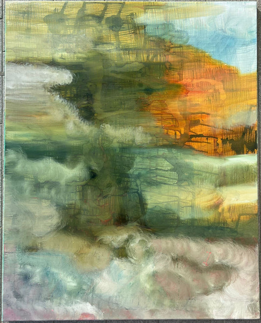 Tropical Breeze - An Oil & Ink Abstract Painting by Beatrice Morel, is an evocative exploration of the serene moments during a sunset in a lush, tropical paradise. A rich palette of greens which gradually dissolve into a soft, glowing yellow at the centre-right.