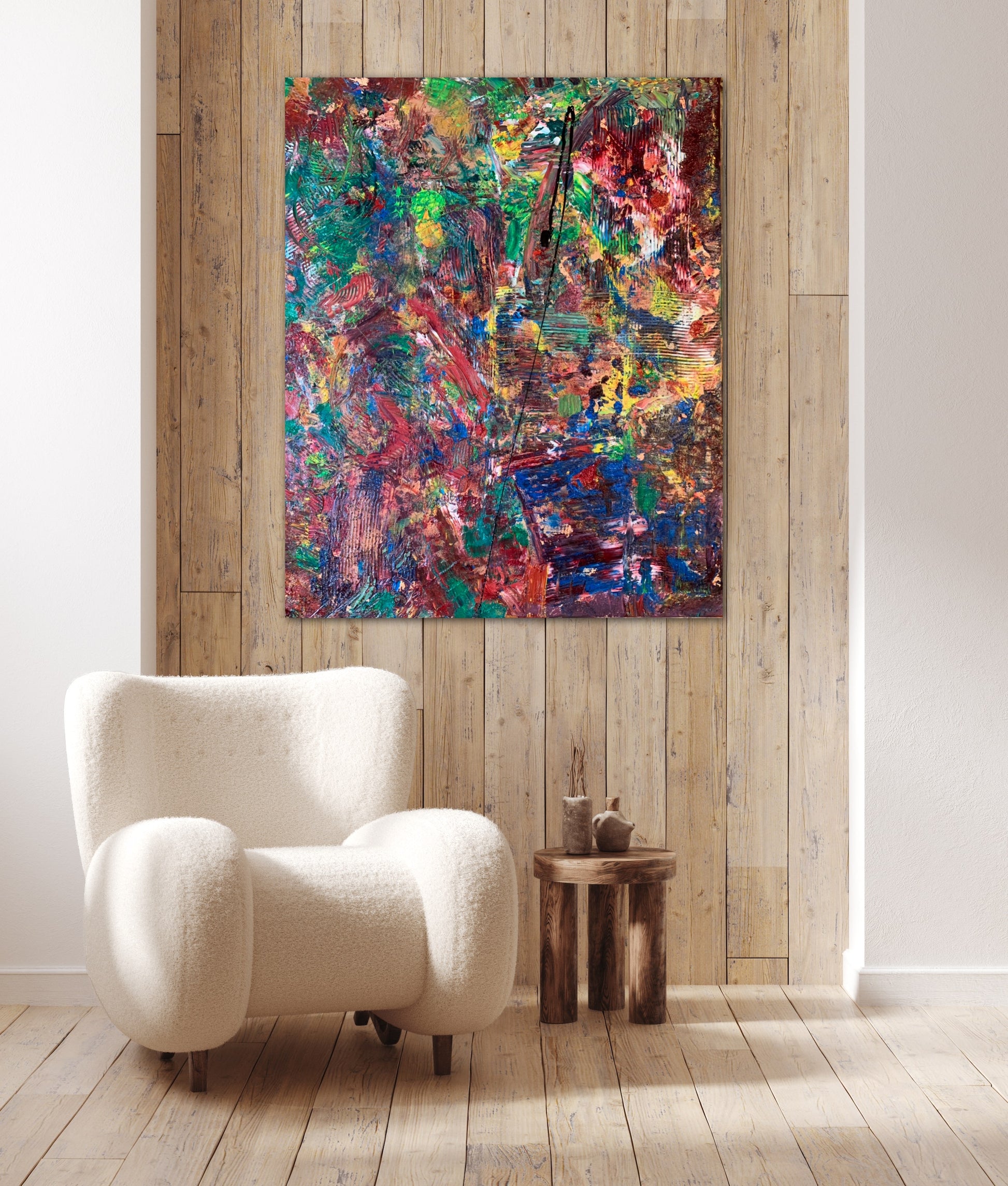 Wait Til The End 2 - An Oil Abstract Painting by Beatrice Morel featuring a captivating exploration of tones of red. Shown in a room setting.